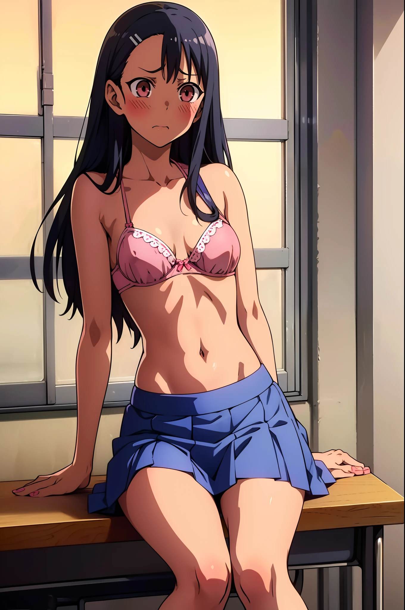 Nagatoro hayase, 1girl, standing, slim, small boobs, ((only pink bra, shirtless blue skirt)), (visible pink bra), surprised, angry, black hair, brown eyes, long hair, sitting, blush, bare legs, schoolgirl, in school, masterpiece, detailed, high quality