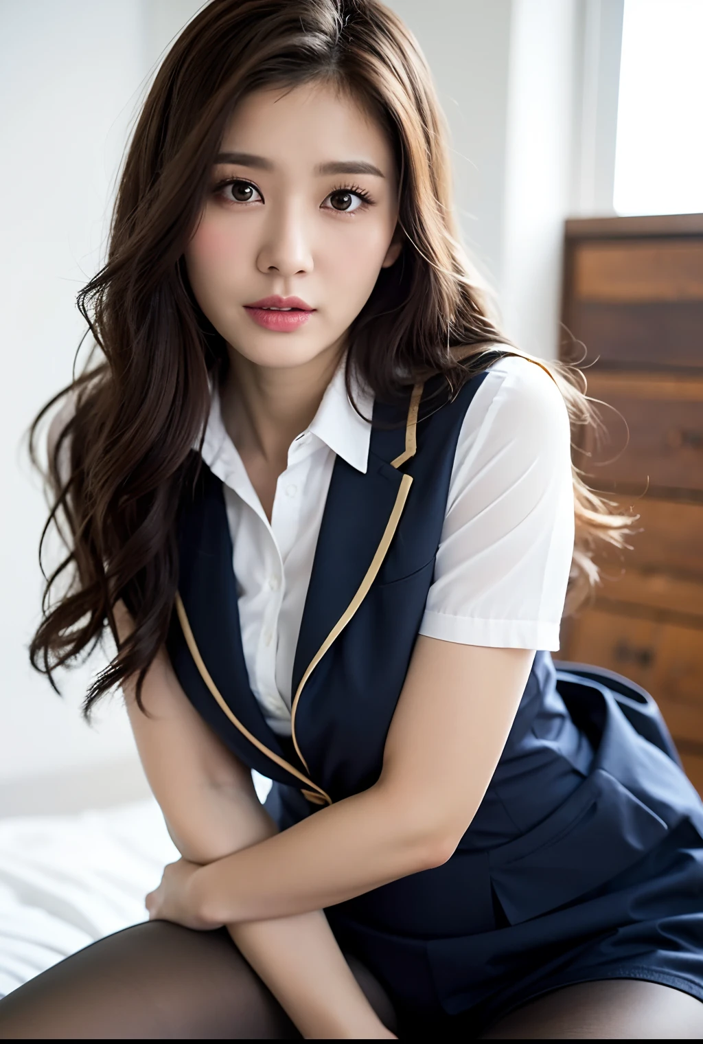 highest quality、masterpiece、High resolution、4K、real 18 year old woman、Light blue blazer、pleated mini skirt、cute room、white underwear、smile、long hair、1 girl、