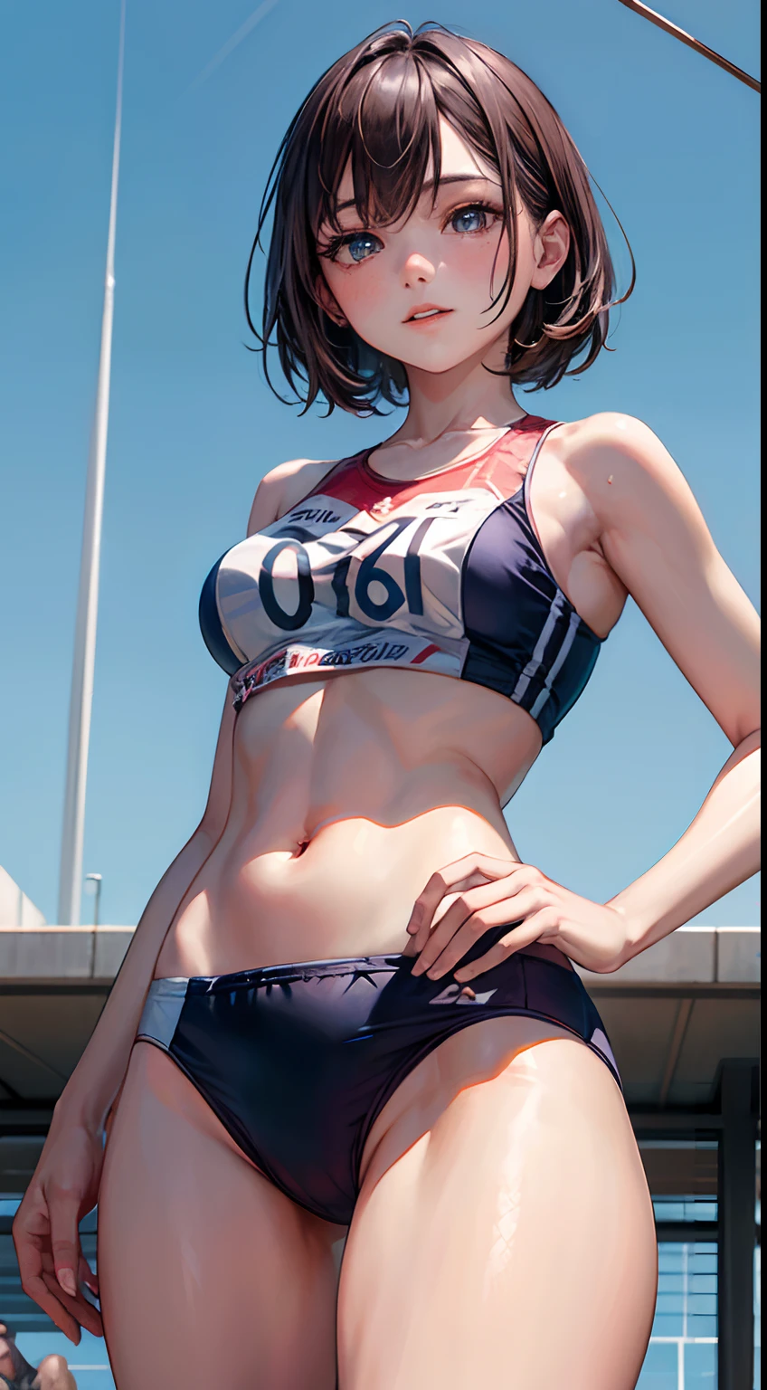 (masterpiece, best quality, thin line:1.4), 8k, 85mm portrait, raw photo, absurdres, delicate girl, cowboy shot, (thighs, from below:1.3), shiny skin, (track uniforms, sportswear, sports bras, sports bikinis:1.3), rikujou, track and field, , looking at viewer, 18yo, short hair, HDR, sharp focus, highres, photography, realistic, highest detailed, extreme detailed, ultra detailed, finely detail, detailed eyes and face, sharp pupils, realistic pupils, (smile:0.8), (bokeh background:1.2)