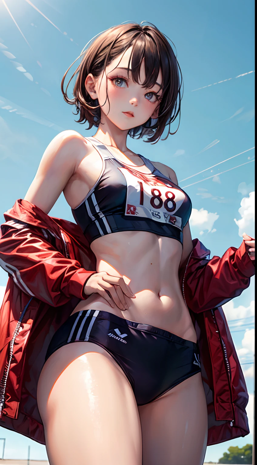 (masterpiece, best quality, thin line:1.4), 8k, 85mm portrait, raw photo, absurdres, delicate girl, cowboy shot, (thighs, from below:1.3), shiny skin, (track uniforms, sportswear, sports bras, sports bikinis:1.3), rikujou, track and field, teen, looking at viewer, 18yo, short hair, HDR, sharp focus, highres, photography, realistic, highest detailed, extreme detailed, ultra detailed, finely detail, detailed eyes and face, sharp pupils, realistic pupils, (smile:0.8), (bokeh background:1.2)