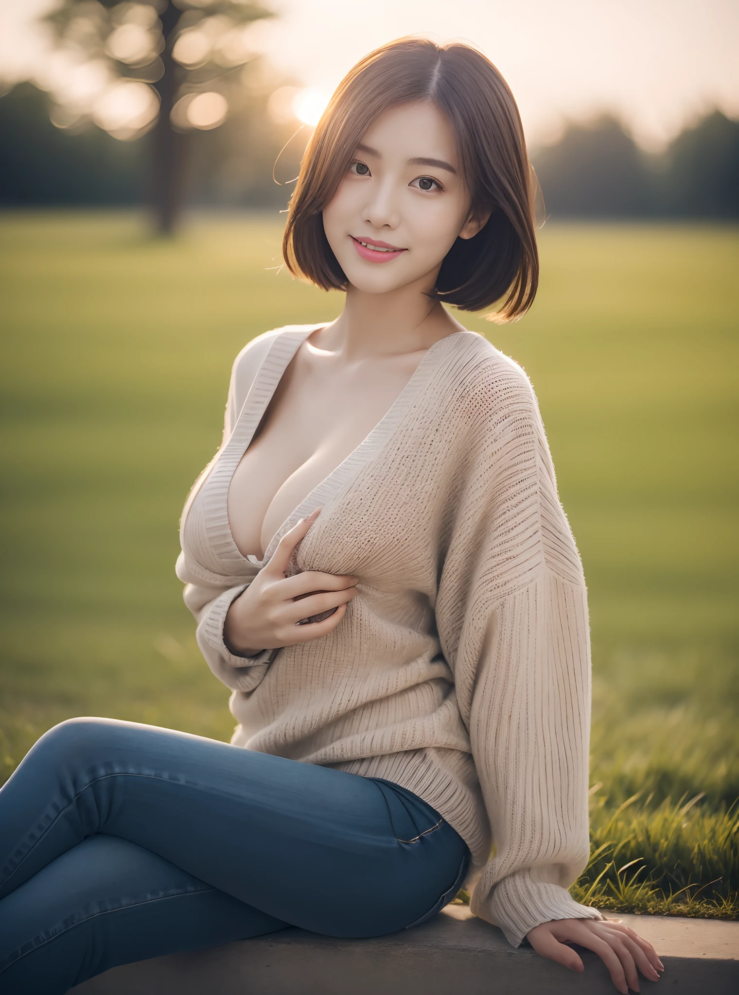 (rain, grassy fields: 1.3), 1 beautiful woman taking pictures on the grass,RAW photos,tmasterpiece,(highdetailskin:1.2),8k ultra high definition,digital SLR camera,gentlesoftlighting,high high quality,filmgrain,富士XT3,20 years old Asian woman,Dark gray skinny sweater(Slim,Fit snugly to the body,Show beautiful curves)and trendy jeans with open navels,Detailed clothing details:1.5,perfect body figure,Perfect breasts and nipple bulge,The calves are straight and slender,((Branded fashion travel shoes:1.5)),Melon seed face,short detailed hair,Super detailed facial details and skin,Fair face and fair skin,二重まぶた,Super detailed eyes,A sweet smile,Beautiful accessories,(Gloss on lips, eyeslashes, Glossy face, Best quality, Super high resolution, warm color,Wide lighting, naturalshadow), Sit on the grass and play,Pose coquettishly,Show off your sexy figure, Full body shooting: 1.8
