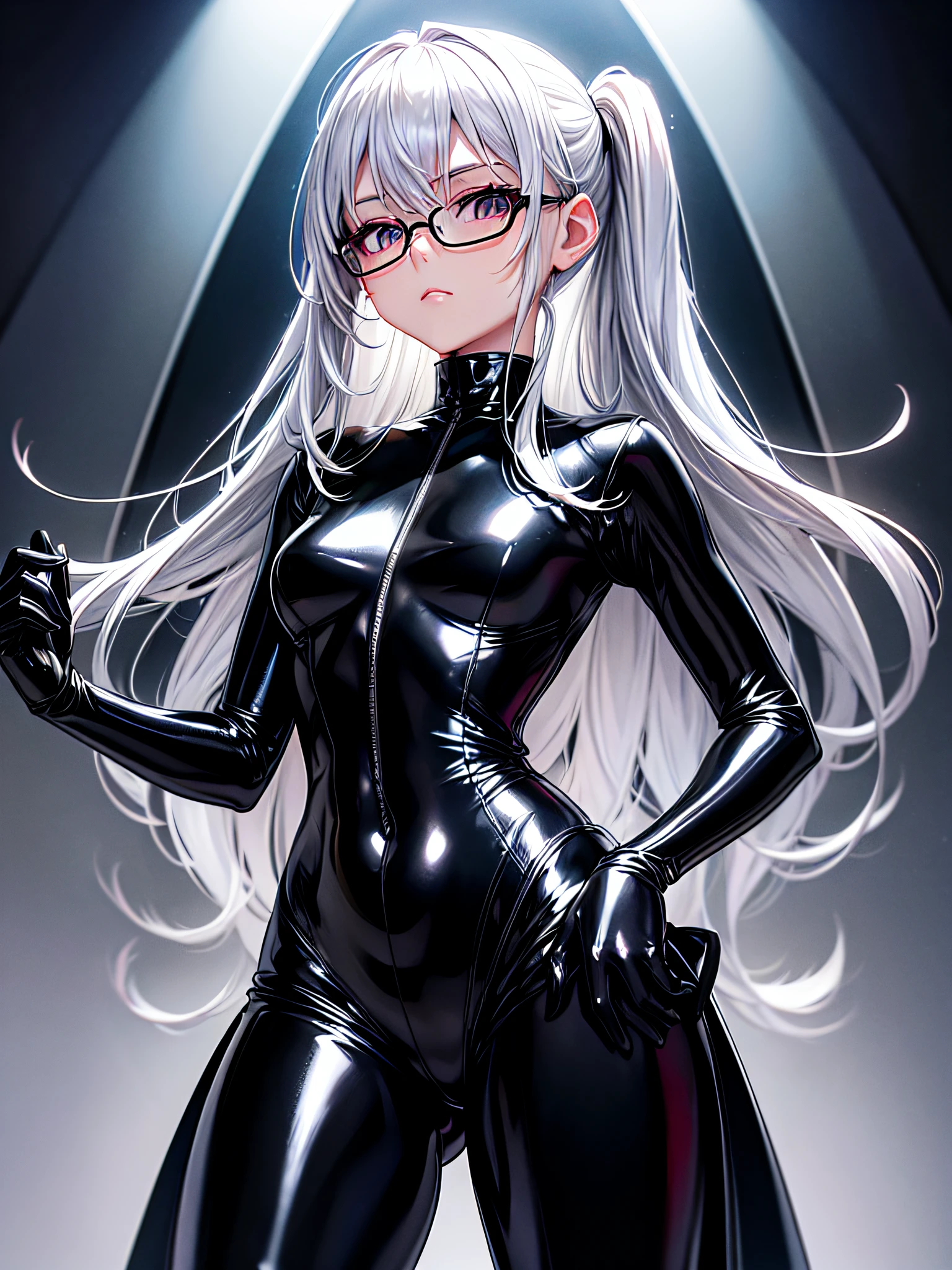 5 8K UHD、Beauty with small nose with silver hair in black shiny black full body rider suit wearing glasses sits with crotch open、Wearing a shiny black latex slider suit with hidden skin、Shiny black latex slider suit、Beautifuls with small noses sitting expressionless and with their crotches open
