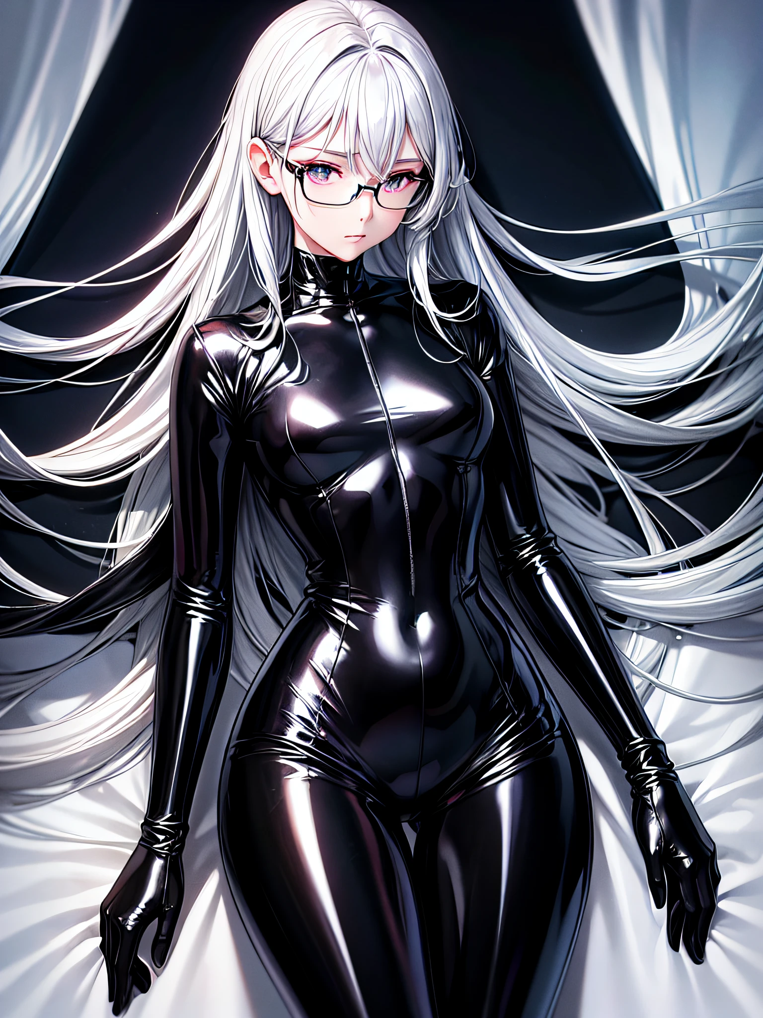 5 8K UHD、Beauty with silver hair and small nose in black shiny black full-body rider suit with glasses lying with legs spread、Wearing a shiny black latex slider suit with hidden skin、Shiny black latex slider suit、Small-nosed beauty looking down expressionless