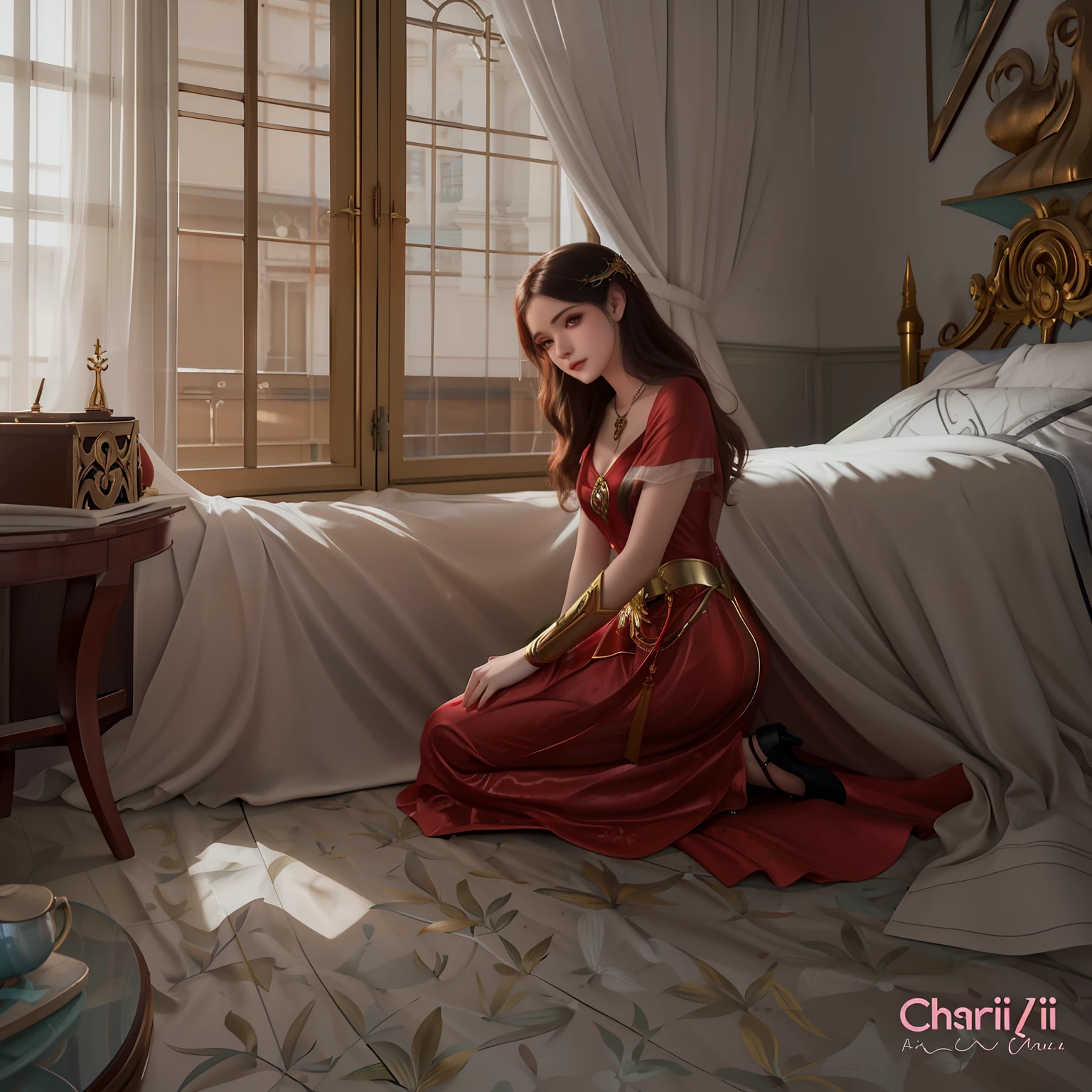 pintura de uma mulher em um vestido vermelho sentado em uma cama, Charlie Bowater Cores Profundas Ricas, inspirado em Magali Villeneuve, Charlie Bowater Estilo de Arte, Magali Villeneuve», Estilo Charlie Bowater, arte do personagem charlie bowater, Sem estilo Charlie Bowater, Graphic artist Magali Villeneuve, inspirado em Charlie Bowater, Directed by: Charlie Bowater cria uma morena com um vestido vermelho de 18 anos, com sapatos pretos, meias brancas, kneeling on the floor praying, perto da cama