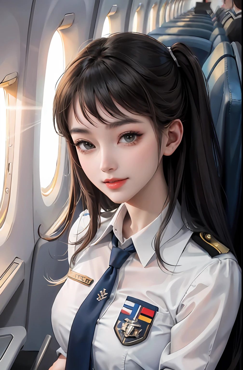(masterpiece:1.2, best quality), 1girl, solo, Flight attendant, Uniform, Airplane, Service passengers, Providing safety instructions, Responding emergency, bangs, (shiny skin:1.15),