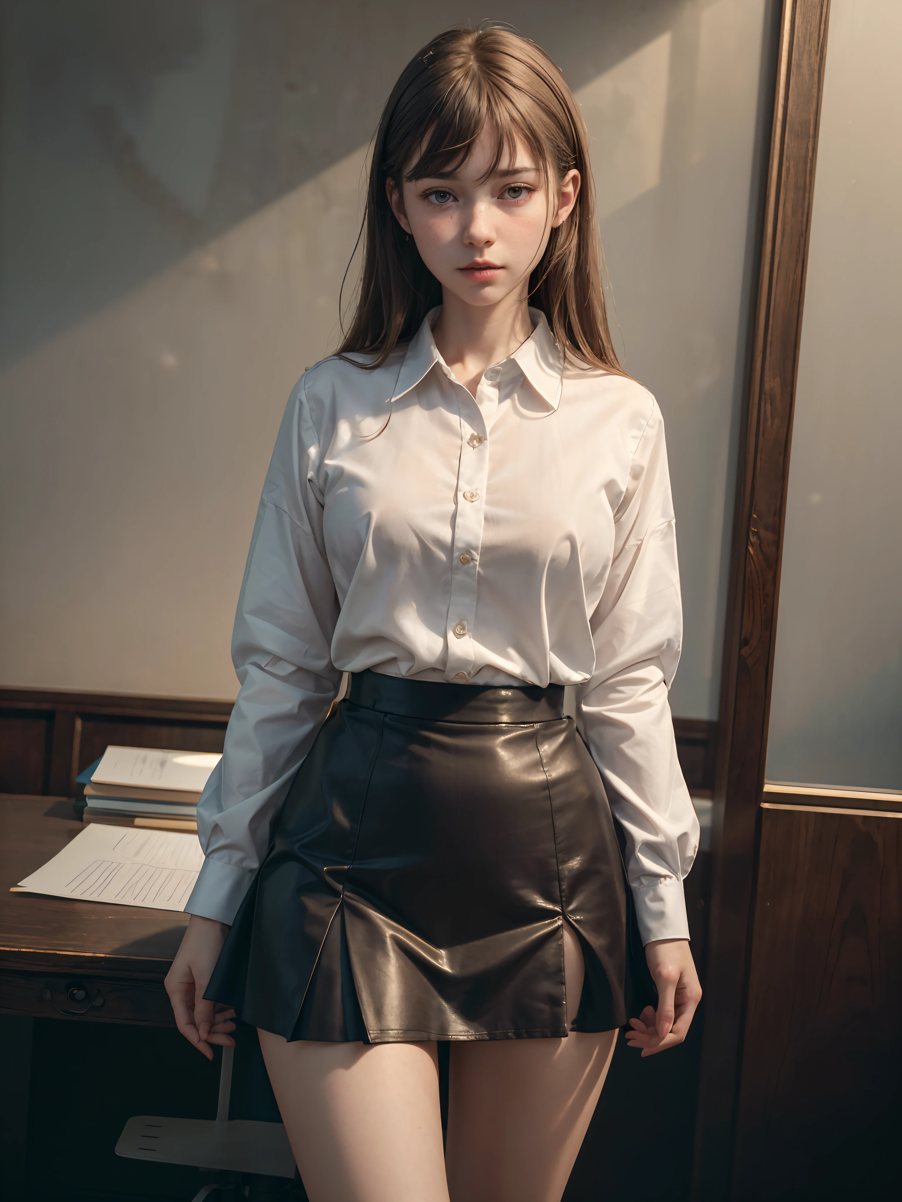 1 girl in the office, Full body, Unclear , detailed clothes, collared shirt, no panties , (delicate illustration:1.4),(巨作:1.0), (Best Quality:1.4), (ultra highres:1.2), (Realistic Photos:1.4), (8k, RAW photo:1.2), (soft focus:1.4), (18yo:1.3), (sharp focus:1.4), (Renaissance art:1.4), detailed beautiful face