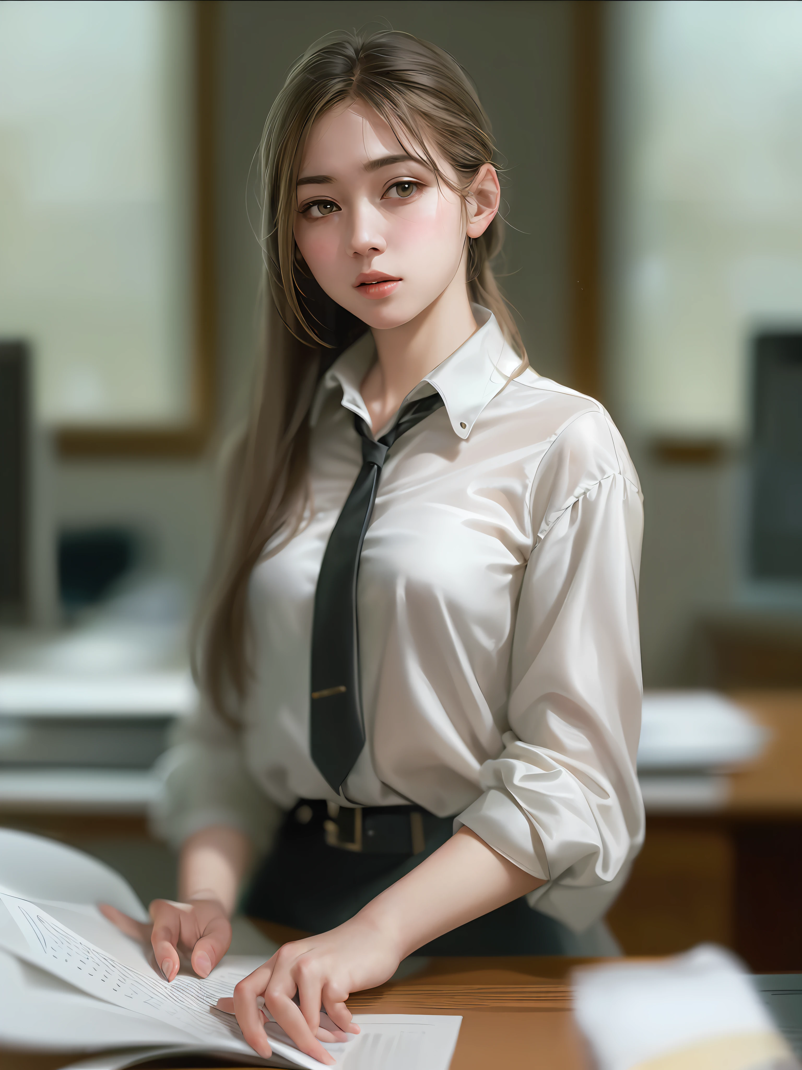 1 girl in the office, Full body, Unclear , detailed clothes, collared shirt, (delicate illustration:1.4),(巨作:1.0), (Best Quality:1.4), (ultra highres:1.2), (Realistic Photos:1.4), (8k, RAW photo:1.2), (soft focus:1.4), (18yo:1.3), (sharp focus:1.4), (Renaissance art:1.4), detailed beautiful face