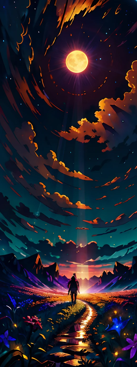 expansive landscape photograph , (a view from below that shows sky above and open field below), a girl standing on flower field looking up, (full moon:1.2), ( shooting stars:0.9), (nebula:1.3), distant mountain, tree BREAK
production art, (warm light source:1.2), (Firefly:1.2), lamp, lot of purple and orange, intricate details, volumetric lighting BREAK
(masterpiece:1.2), (best quality), 4k, ultra-detailed, (dynamic composition:1.4), highly detailed, colorful details,( iridescent colors:1.2), (glowing lighting, atmospheric lighting), dreamy, magical, (solo:1.2)