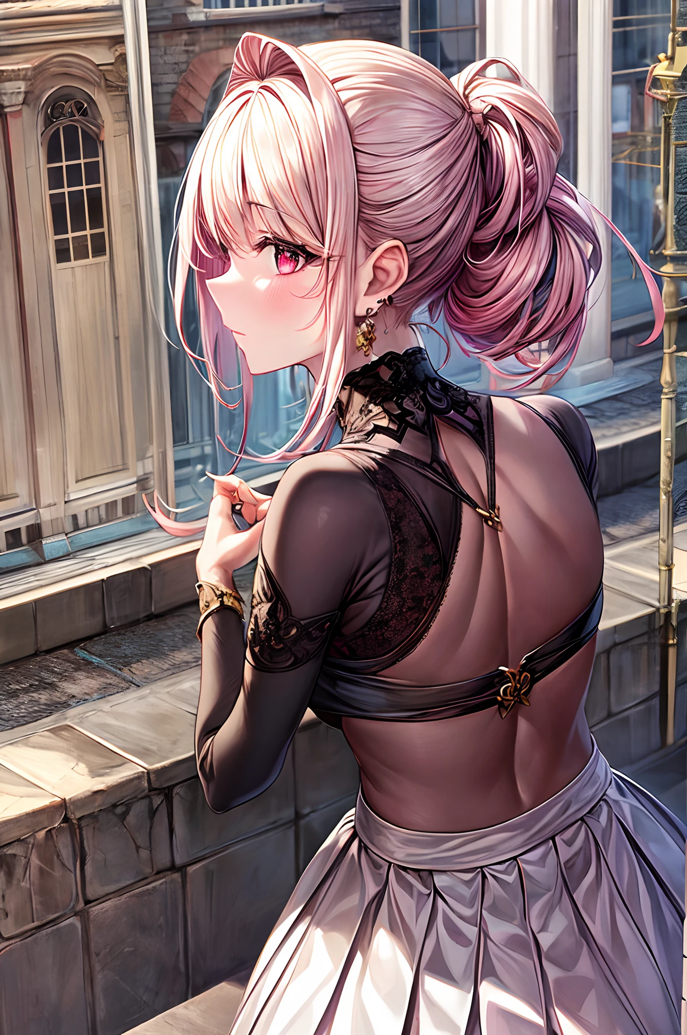 masterpiece, best quality,  {{{{{{masterpiece}}}}}}, {{{game cg}}}, {{{{{{best shadow}}}}}}, {lighting}, {{{{{{{{{{{dynamic angle}}}}}}}}}}}, {{{{{building street}}}}}, {{1girl}}, {lady}, {{{between legs}}},{{{{{{back view}}}}}}, {{{{ultra realistic 8k, CG,}}}}, {{{realistic}}},  {{best quality}}, {{{ultra-detailed}}}, {{{best illustration}}},  {{{{an extremely delicate and beautiful}}}}, {glowing earrings}, {beautiful red eyes}, {eyelashes}, {eround eyes}, {{{jewelry eyes}}}, {twinkle eyes}, {glowing eyes}, {{sparkling eyes}}, {finely detail}, {{beautiful detailed girl}}, {{{{{{{{{{wind}}}}}}}}}}}, {{{{{floating hair}}}}} , {{{{{{{{{{{{floating skirt}}}}}}}}}}}}, {{{{slender face}}}}, {lipstick}, {{{clavicle}}}, {{{medium breasts}}}, {barrette},  {{{{{{{{absurdly long hair}}}}}}}}, {{{{{delicate beautiful face}}}}}, {{{half updo / updo}}}, {{{light pink gradient hair}}}, {shiny hair}, {shiny skin}, {{{{red skin}}}}, {{{{{{{{hair in one eye}}}}}}}}, {{cardigan}}, {{{{{{{white tight blouse}}}}}}}, {{{{{light red colored inner hair}}}}, {{{{{{{surprised}}}}}}}, {{{{{{{pleated  very long skirt}}}}}}},  {{{{{{{{{{{{{skirt rolls up}}}}}}}}}}}}, {{black fishnet lace tights}}, {{{{{girdle tights}}}}},  {{{{{{{{embarrassed}}}}}}}}, {{{{troubled face}}}},