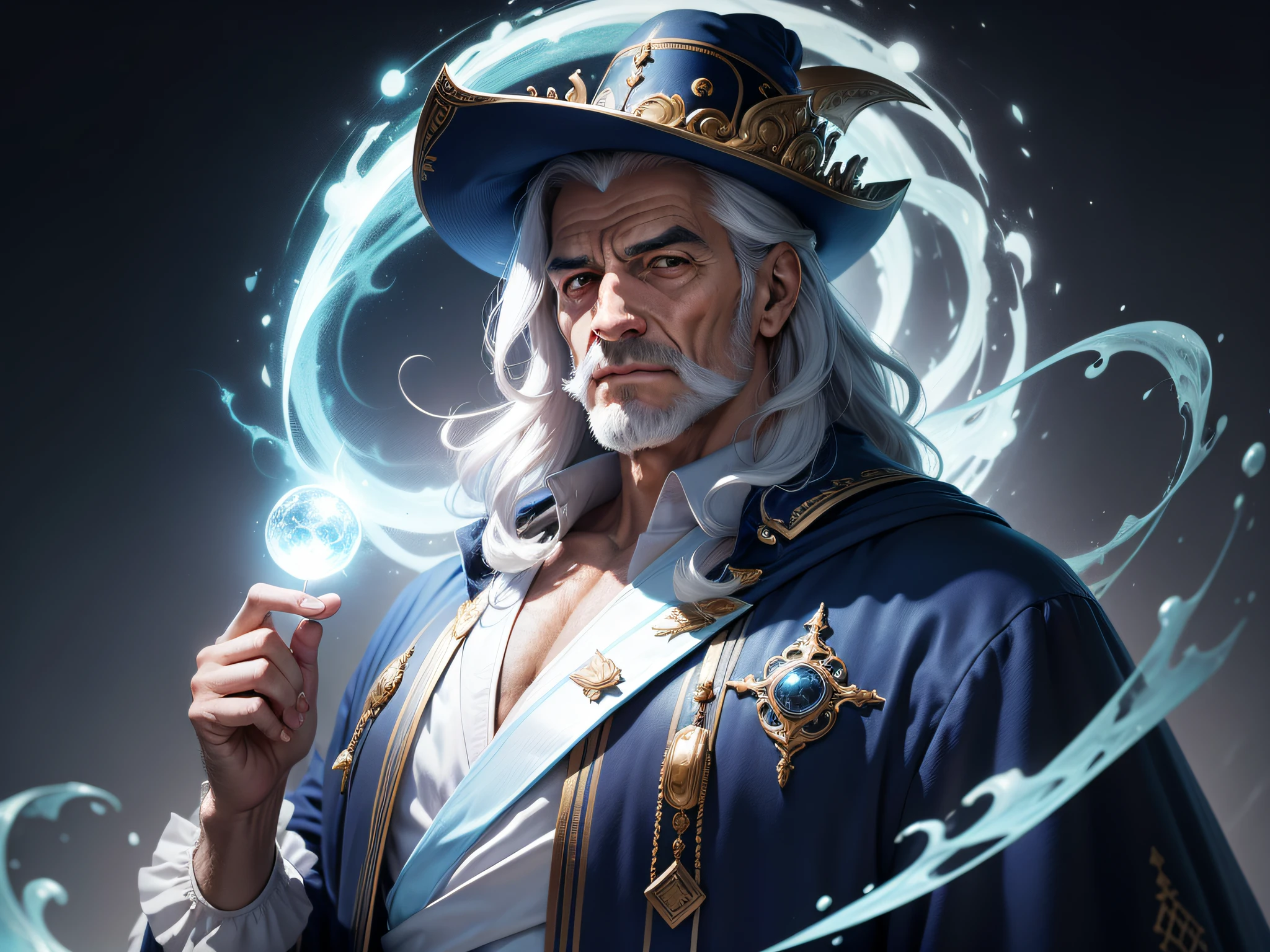 Por favor, gere uma imagem de um retrato frontal do rosto de um velho mago. He's wearing a dazzling blue robe that flows elegantly around him. Sua barba branca e longa cai em cascata sobre o peito, contrastando com a cor do manto. He wears a pointed hat adorned with mysterious details. In wrinkled hands, ele segura um cajado de madeira, which seems to carry the vestiges of many journeys and spells cast over the years. Despite his serene and friendly look, There's something deeply intriguing about his eyes, as if he held ancestral secrets and unfathomable mysteries in his mind. A imagem deve capturar a dualidade entre a amabilidade convidativa e a aura de sabedoria antiga que emana dele