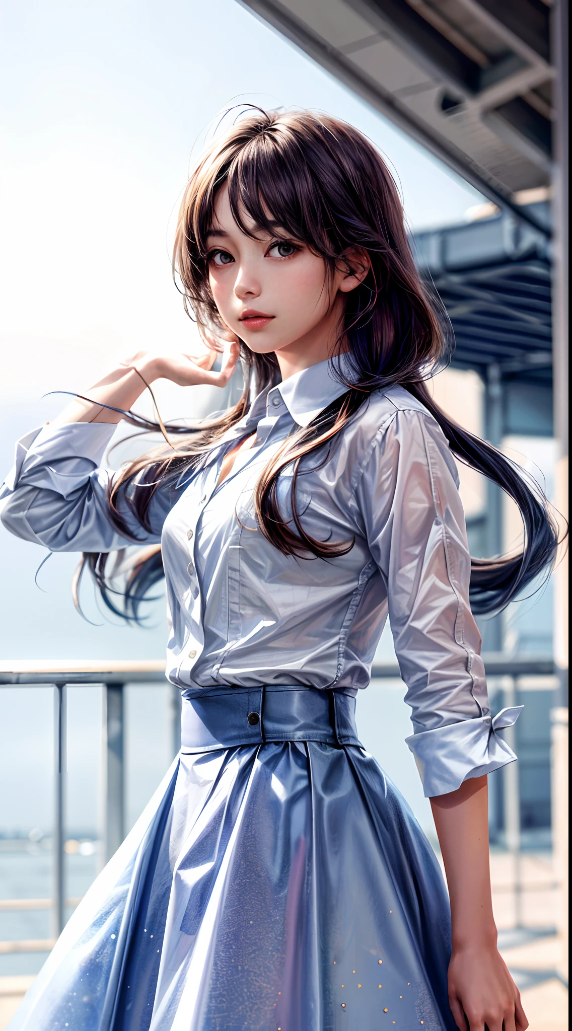 (1girl), solo, long_hair, wearing(whiteshirt), photo(close-up-shot), front-portrait, pov, blurry_background, background(sky-horizon, space, galaxy, star), (photorealistic, absurdres, best_quality:1.55),