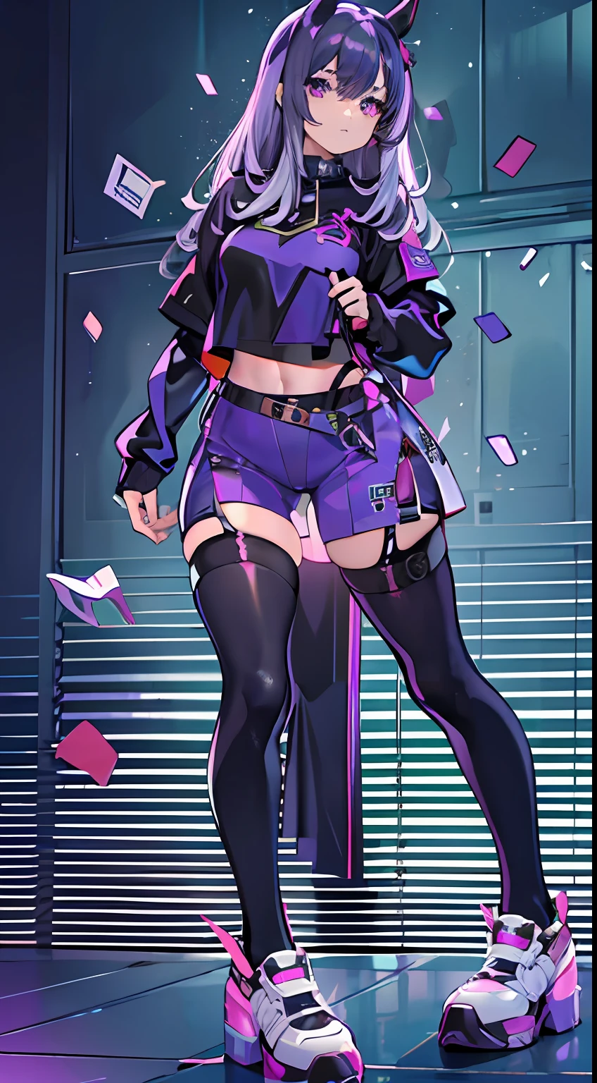 ((master part)), best quality, absurdos, ultra detalhado, Holographic, cowboy shot, pose exibicionista, nfsw, proportion Aurea, super fofa, meninaa, extremamente bonita, super beautiful asian girl with super cute violet eyes, cabelos brancos super bonitos, pele brilhante, rabo de cavalo alto, nice and sexy body, corpo grande e delicado, Corpo Perfeito, bunda grande, peitos grandes, usando um crop top preto estampado super apertado, short kawaii, Fone de ouvido vampiro, sendo fotografado em um quarto roxo sombrio