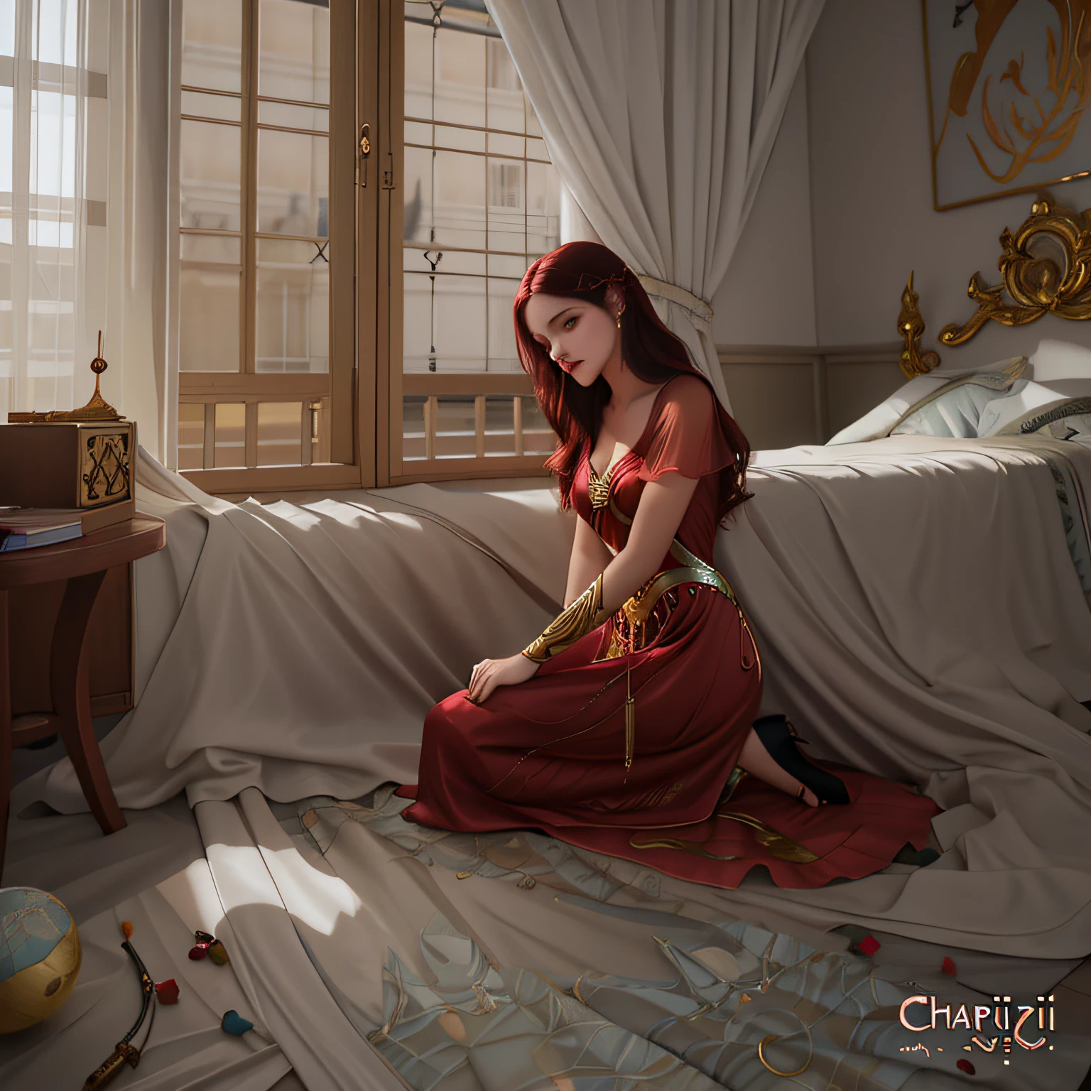 pintura de uma mulher em um vestido vermelho sentado em uma cama, Charlie Bowater Cores Profundas Ricas, inspirado em Magali Villeneuve, Charlie Bowater Estilo de Arte, Magali Villeneuve», Estilo Charlie Bowater, arte do personagem charlie bowater, Sem estilo Charlie Bowater, Graphic artist Magali Villeneuve, inspirado em Charlie Bowater, Directed by: Charlie Bowater cria uma morena com um vestido vermelho de 18 anos, com sapatos pretos, meias brancas, kneeling on the floor praying, perto da cama