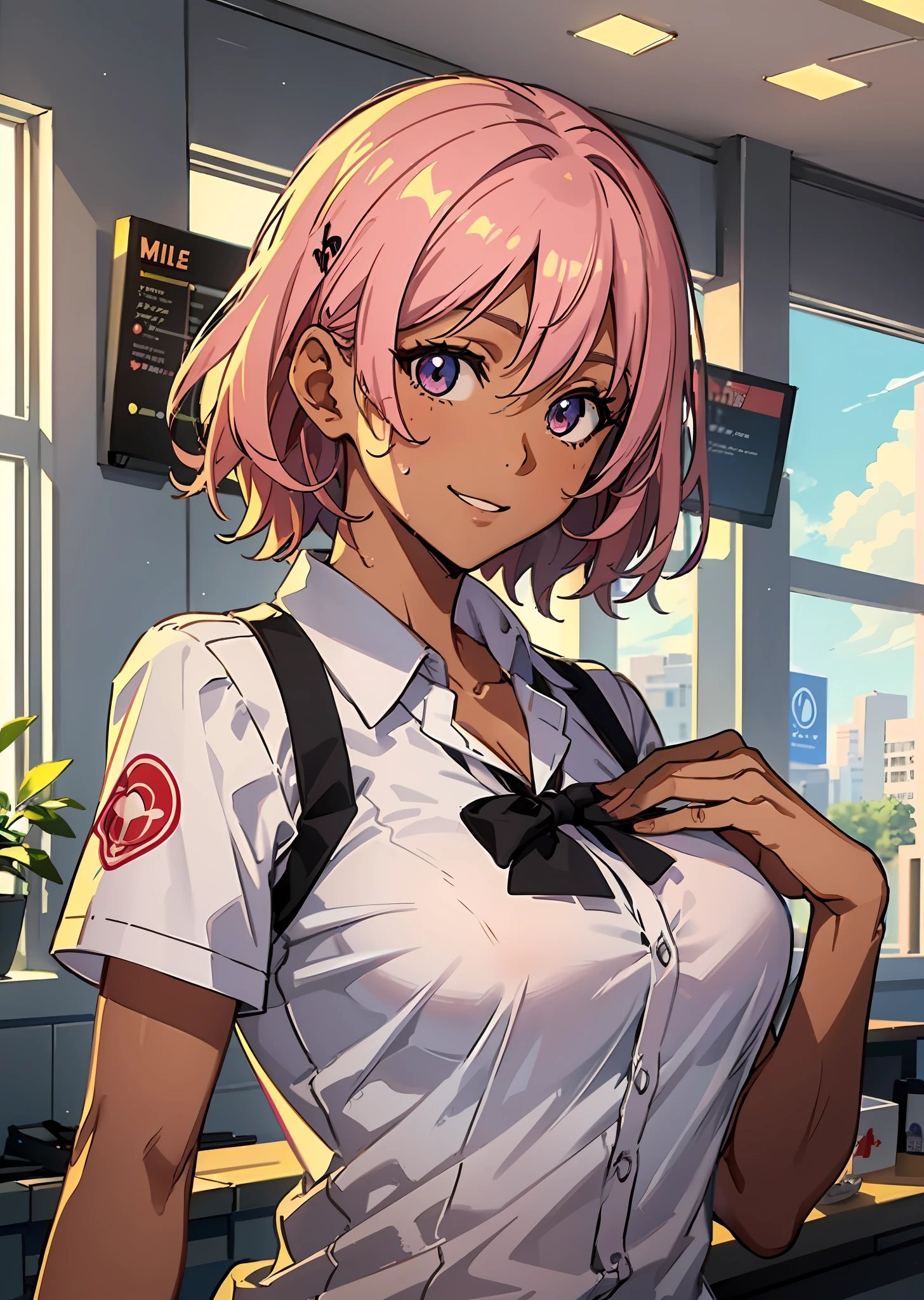 ((((Representative work 3.0、top-quality、Smile 3.0、Wearing a McDonald's uniform 4.0、Blouse、Look at me over the McDonald's counter、Work as a clerk at McDonald's、Brown skin、Pink hair 3.0、dynamic pose1.5、large full breasts、Brown skin color、A pink-haired、Wearing sweat、ssmile、)))((()))、Long body、(((((、long legged))))),((((darkskin)))),((sun burn)),Whole human body、(((Shyness)))、Realistic skin type、an anime girl、Detailed Digital Anime Art、extremely detailed art germ、a hyperrealistic schoolgirl、Ilyakukvshinov、Smooth Anime CG Art、Ultra Realistic Woman、ig model、ArtGerm、Photorealistic anime girl rendering、digital anime art