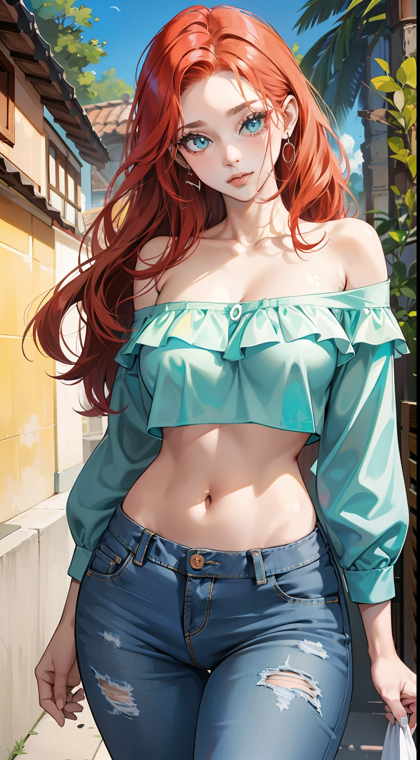 peito enorme,Mulheres raposa Bonitas,ruiva de olhos azuis,Leaks the areola,sagging chest,clivagem,Bandeau apertado,Aperte o peito,crop apertado nos peitos,short jeans。Rua,com a boca aberta,qualidade superior, abdomen tanquinho,