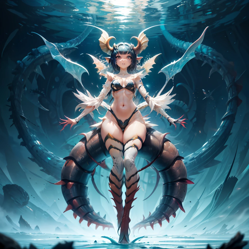 ((Beautiful girl fused with Anomalocaris. Female Solo. Two thick tentacles with joints sprout from her)). She has sharp fins. Her body is wrapped in a hard shell. Big ball-like eyes on her head. sharp claws. tail wrapped in a shell,,,,,,,,. fins on the tip of the tail,,,,,,,,. Big sheep horns.