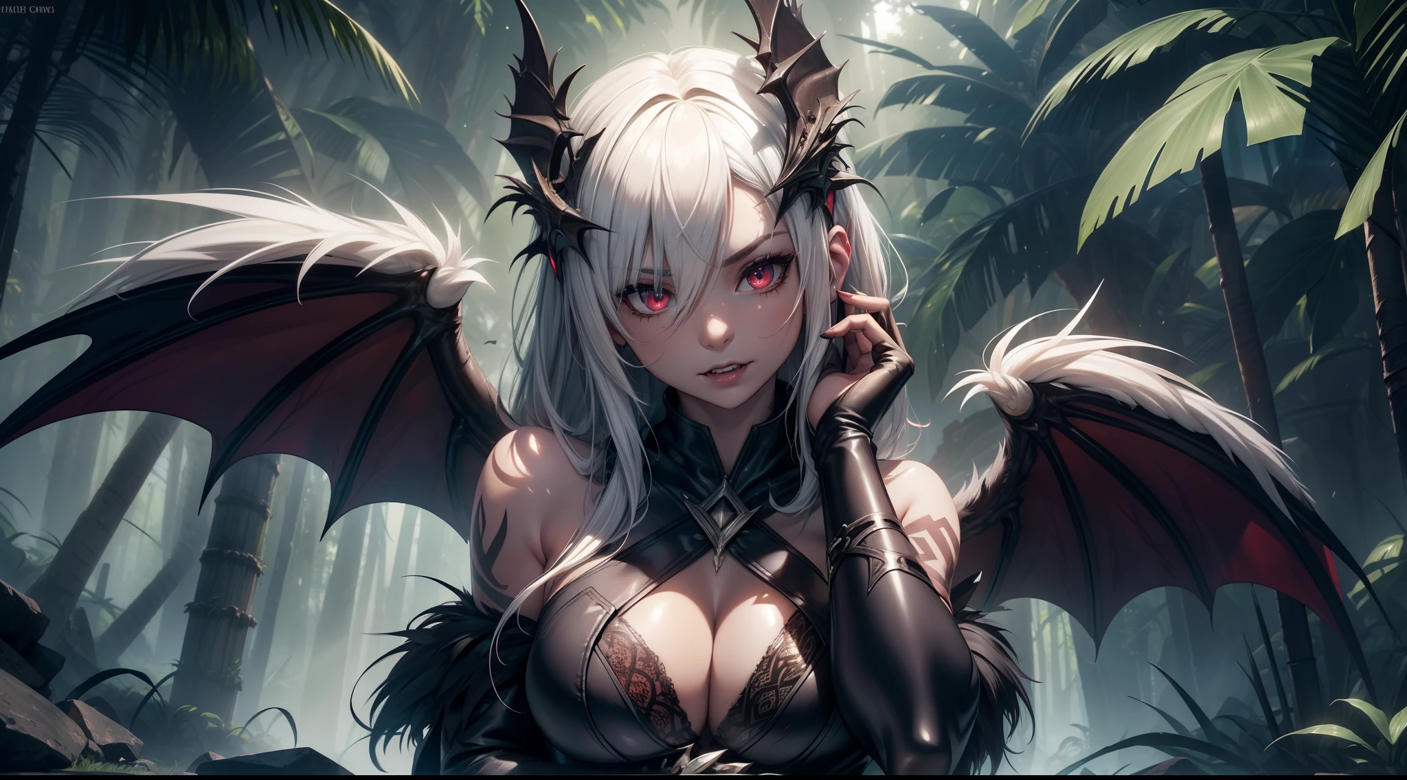 realistic photo of slaved (savage, tribal, jungle)_vampire with (white hair), bat fur, coat|wings, ((fangs)), colorful extremely_detailed_(tribal, jungle)_tight_(lacy, leather, fur, silk, satin, latex)_(clothing, skirt), high collar, detailed face, detailed beautiful shiny red eyes, slit pupils, (((seductive laying))), metallic reflections, ((tatooed, marked)_with_shining_runes)_fit_muscular_body, shiny skin, tropical city ruins fog, (((1girl))), portrait, (full body), natural breasts, medium length white hair, masterpiece, best quality, beautiful and aesthetic:1.2, fractal art:1.4, 16K, HDR, RTX, Ray Tracing, Radiosity, Anisotropic Filtering, Subsurface Scattering