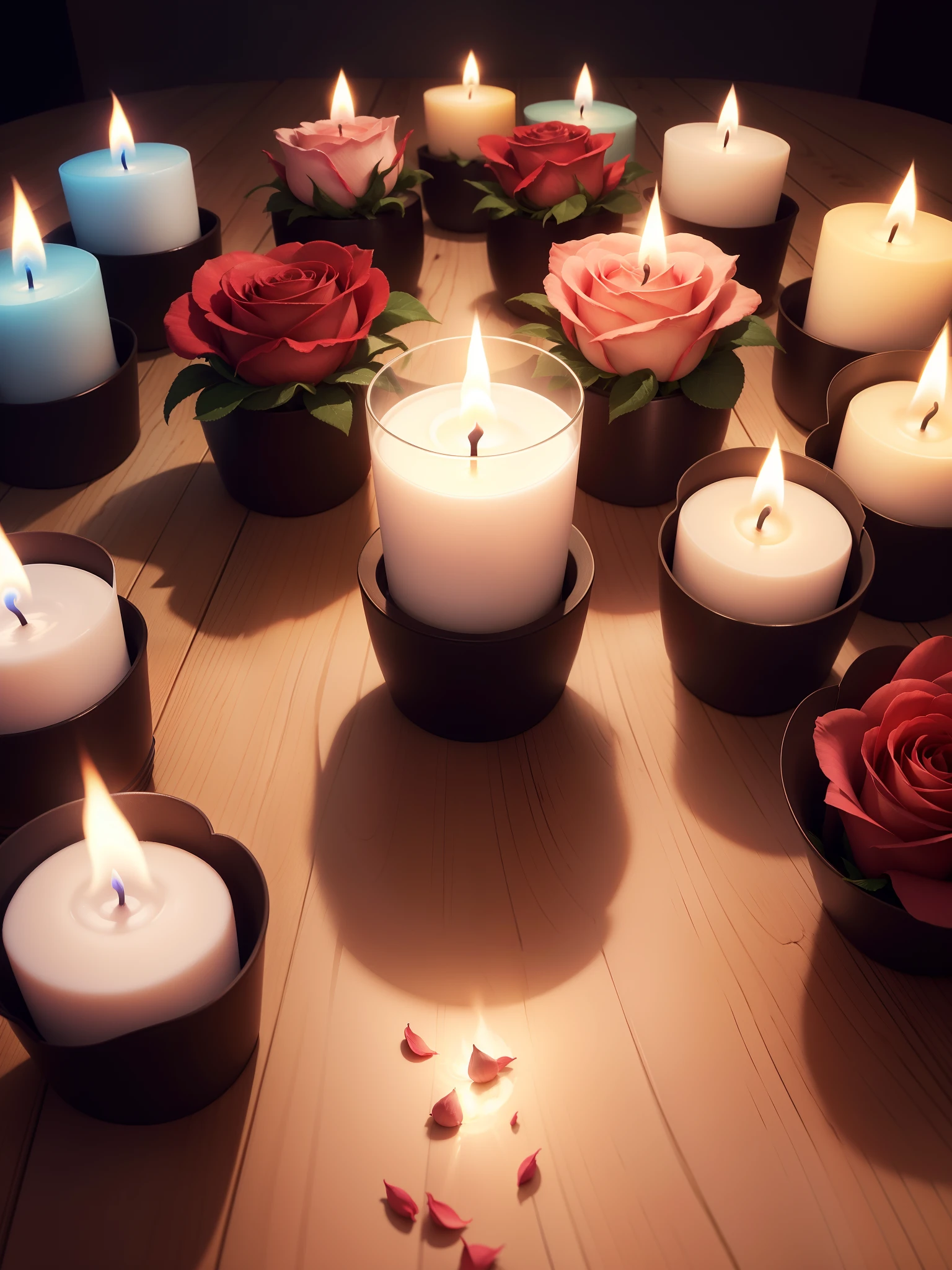 Aromatic candle in the shape of roses, velas de rosas com brilho, velas de rosas acesas com aromas, smoke flying leaves, Folhas de velas, smoke from candles with flying branches, velas de rosas coloridas, video with animation of candles with colorful flying smoke, Foto realista, super realísta, Realismo tridimensional, velas rosas 3D com luzes, Rosas iluminadas, rosas com brilhos, rosas cintilantes, romantic and magical atmosphere, super realista, Realismo natural, Hiper realista, 100% realista, 8k. Velas iluminadas, rosas brilhantes acesas, colorful magical fumes, velas de rosas acesas, velas de rosas com brilhos, velas de rosas coloridas.