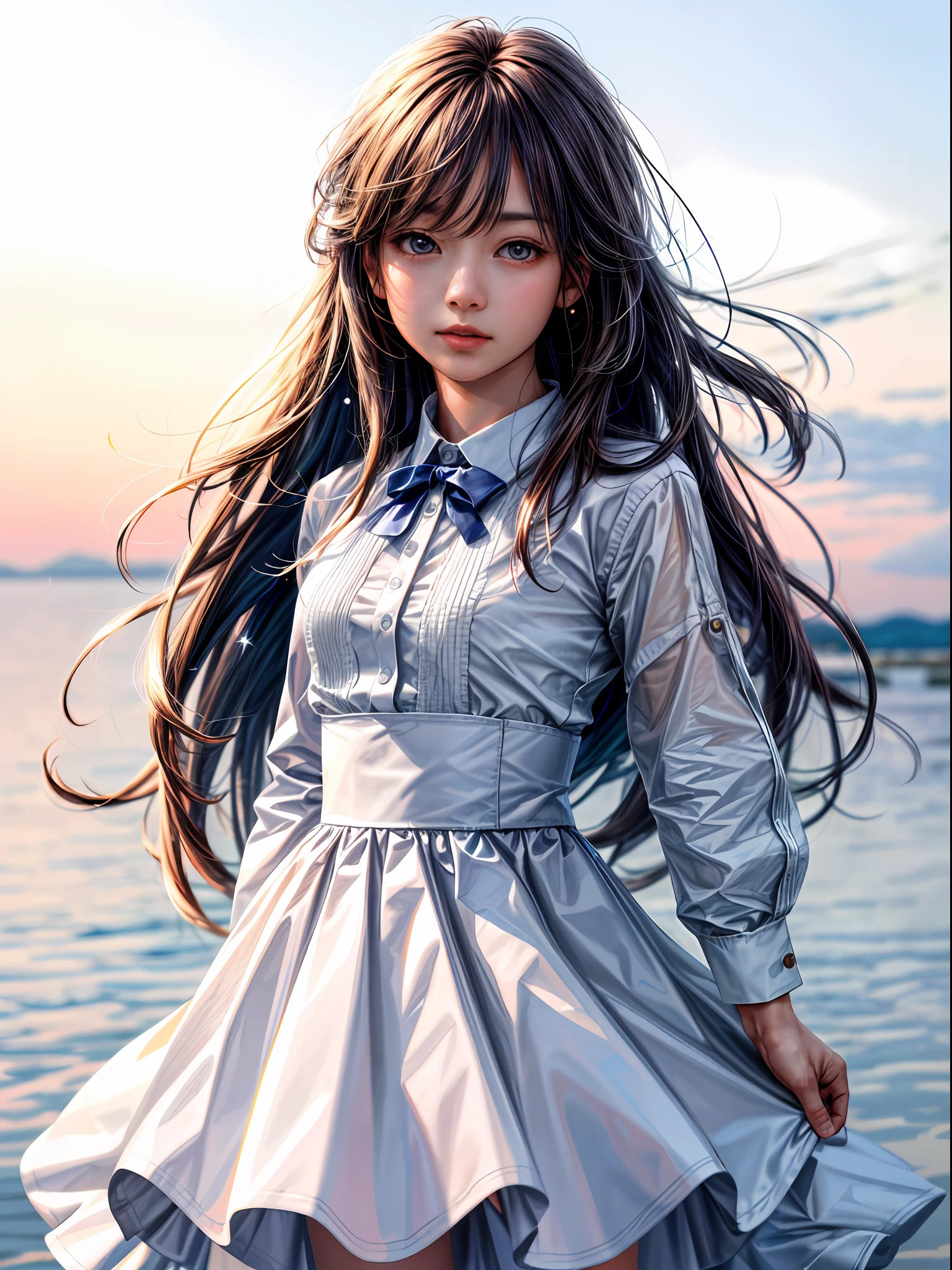 (1girl), solo, long_hair, wearing(whiteshirt), photo(close-up-shot), from_front, portrait, pov, blurry_background, background(night, sky-horizon, space, galaxy, star), (photorealistic, absurdres, best_quality:1.55),