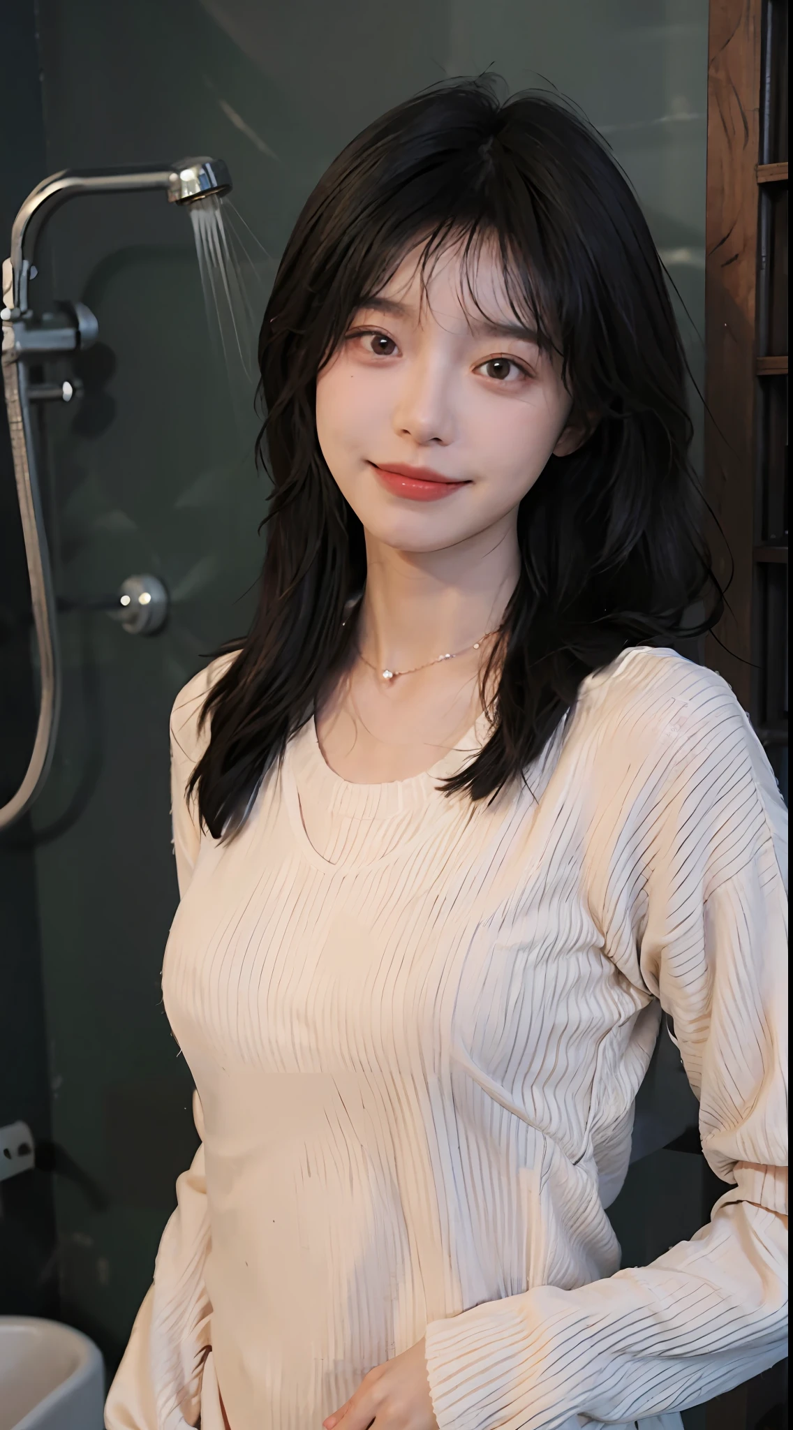 best qualtiy，tmasterpiece，超高分辨率，（realisticlying：1.4），2girls，Red sweater dress,Red sweater dress,self-shot，Large wavy curls，Goose egg face，Enchanted smile，二重まぶた，A pair of peach blossom eyes，，Pure，choker necklace，adolable，Translucent skin，head straight-looking at viewer，浴室，taking a shower，Full of atmosphere，hair pin：1.4，（The upper part of the body：1.4），