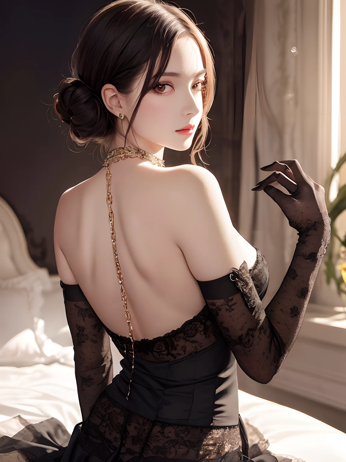 (tmasterpiece,high qulity,real photograph),Complicated details,Detailed shadows,localized light,An elegant woman,Delicate and delicate face and eyes,Clavicle chain,blackstockings,Sexy silk skirt,Sexy back,posterior view,bedroom background