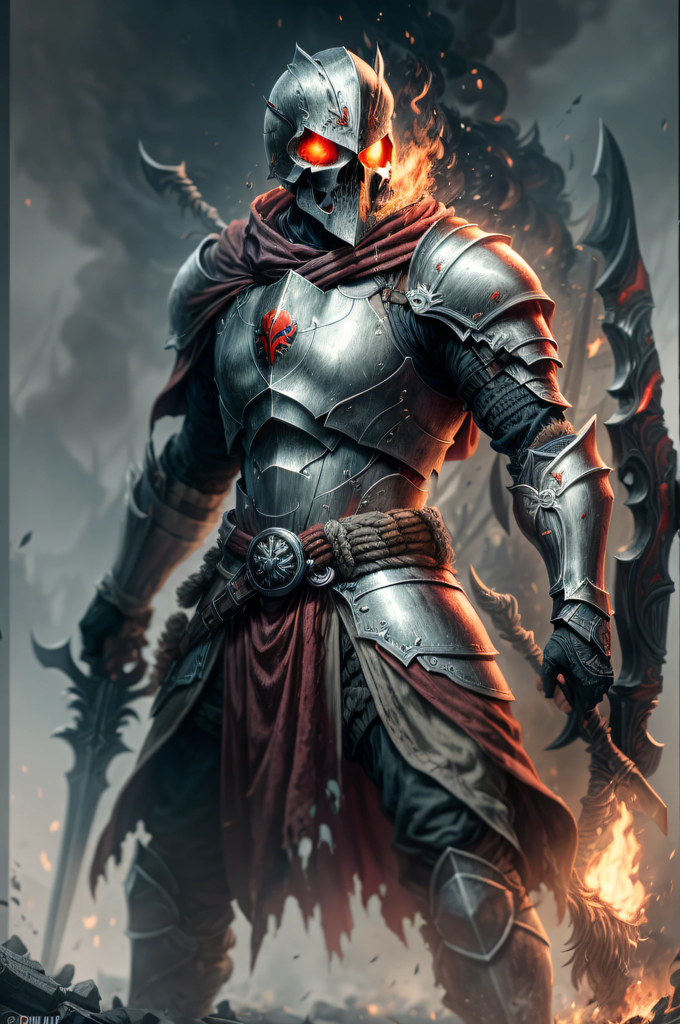 (spearman), ((armed with spear and shield)), spear, shield, long pike, full body, action pose, plate armor, standing on top of the skull pile, torn red cloak, wearing mace on the belt, low angle shot, burning hell background, gray overcast sky with a red tint, unity HDRP, unreal engine, raytracing, ultra detailed, masterpiece