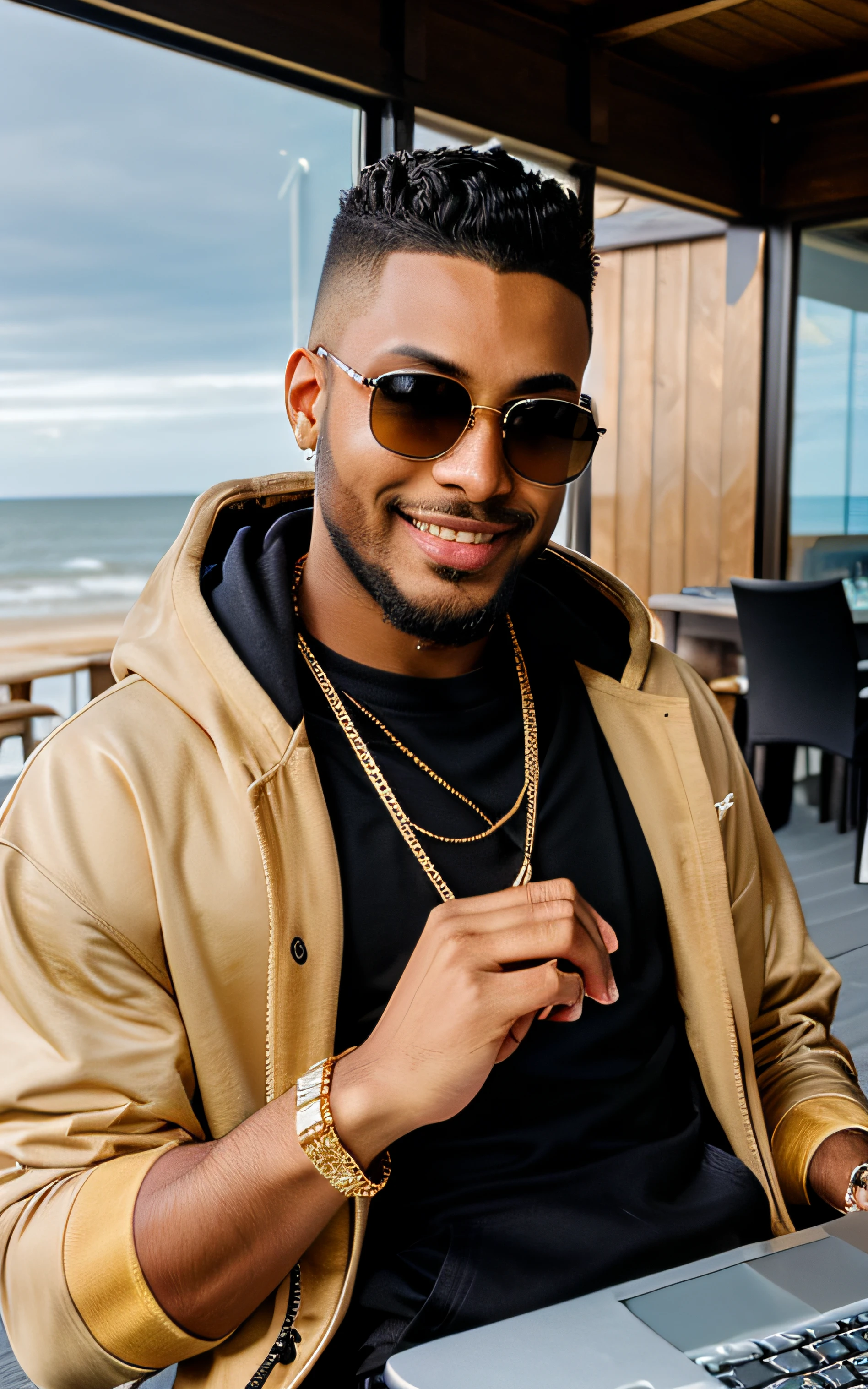 young man with low fade haircut infront of the laptop wearing sunglasses black hoodie gold chains light brown skin sorounded with money smiling in his beachhouse with a beard