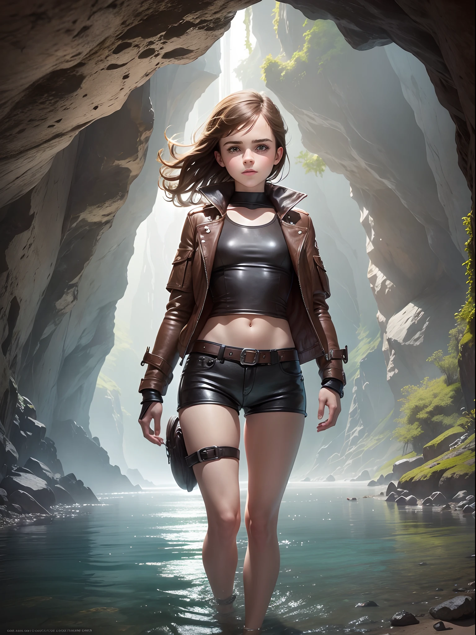 An explorer emma watson inside a cavern. leather shorts. creek. --s 1000