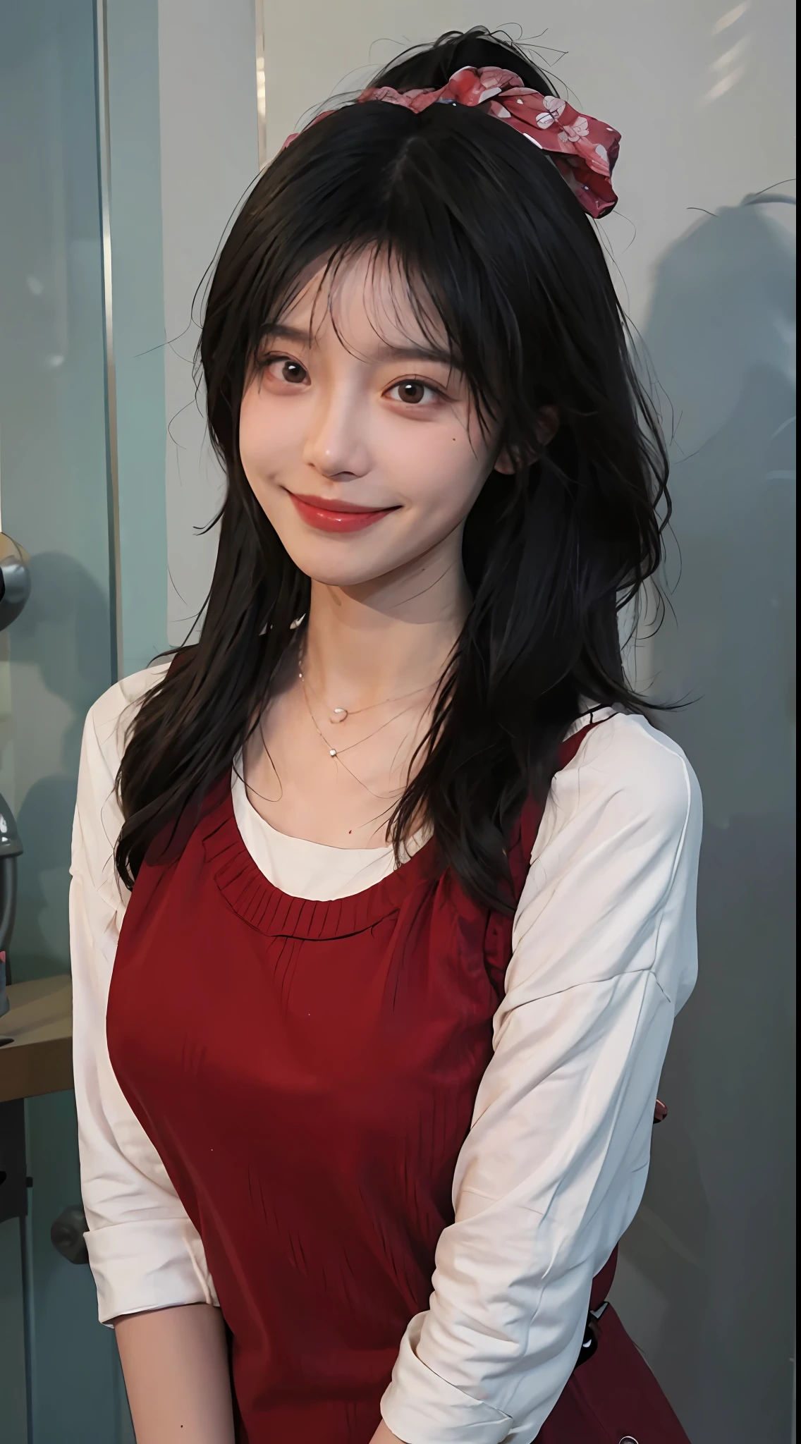 best qualtiy,tmasterpiece,超高分辨率,(realisticlying:1.4),2girls,Red sweater dress,Red sweater dress,self-shot,Large wavy curls,Goose egg face,Enchanted smile,二重まぶた,A pair of peach blossom eyes,,Pure,choker necklace,adolable,Translucent skin,head straight-looking at viewer,浴室,taking a shower,Full of atmosphere,hair pin:1.4,(The upper part of the body:1.4),