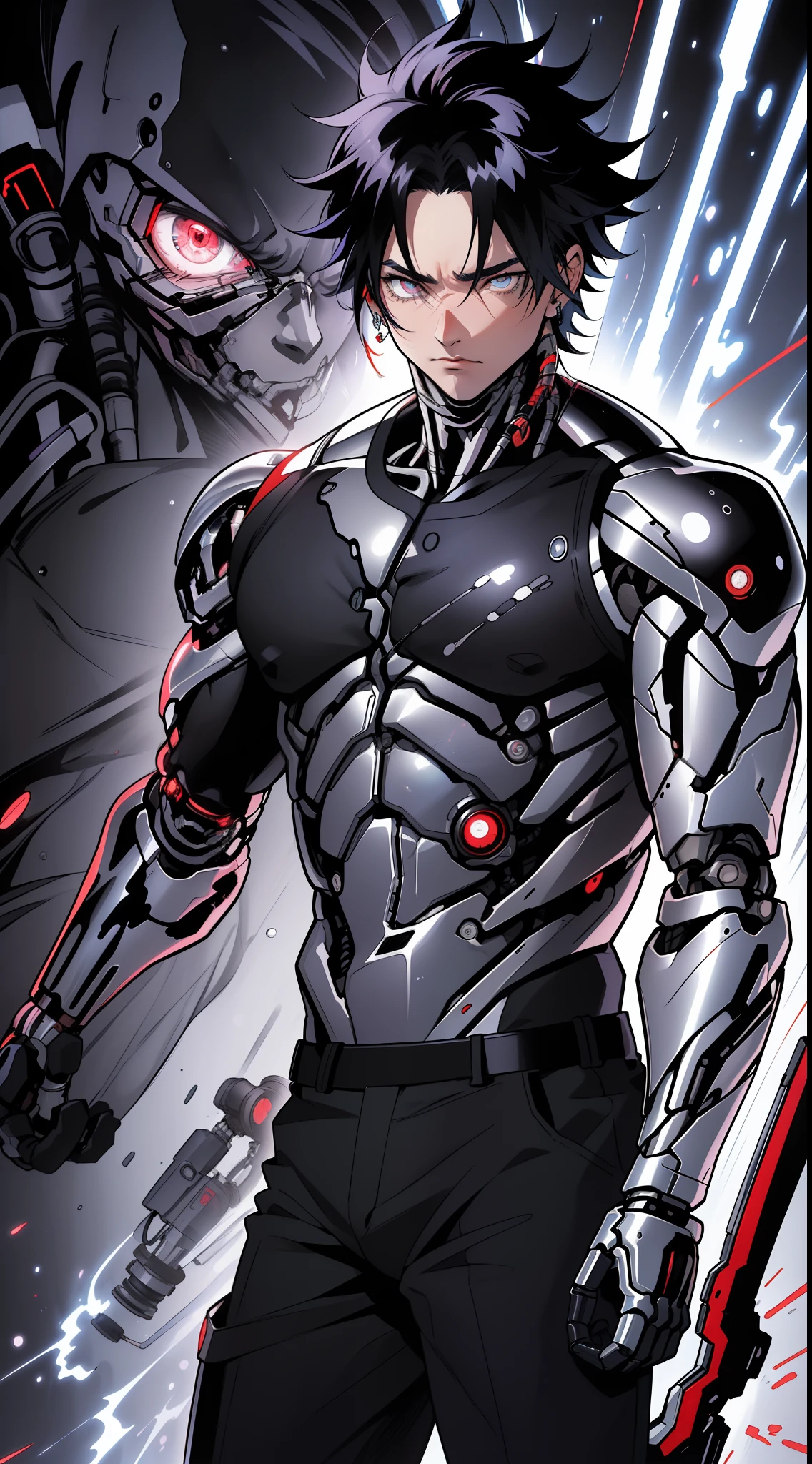 (anime) . Male ((((Terminator)))), black hair, deep red eyes . (Masterpiece: 1.8), (64k quality), (final fantasy artwork concept), detailed (manga eyes + hair + clothes + body + face + colors + shoulders + eyes (globular + transparent + liquid) + (sharper drawings) + (shiny jewelry) + (clothes folds) + (rounded eyes) + (consistent clothes) + (clothing features) + (eyes line), better (colorful + (coarser line) + (black line) + finishing . [Drawing] (Anime (Manga (Comics))) + (Coarse Line: 1.8) + (Black Line: 1.8) + (Color: 1.8) + (Clean: 1.8) + (Contrast: 1.8) + (Black Outline: 1.8) + (adjusted colors: 1.8) + (shadow set: 1.8) + (manga eyes: 1.8), ((made homogeneous: 1.3))