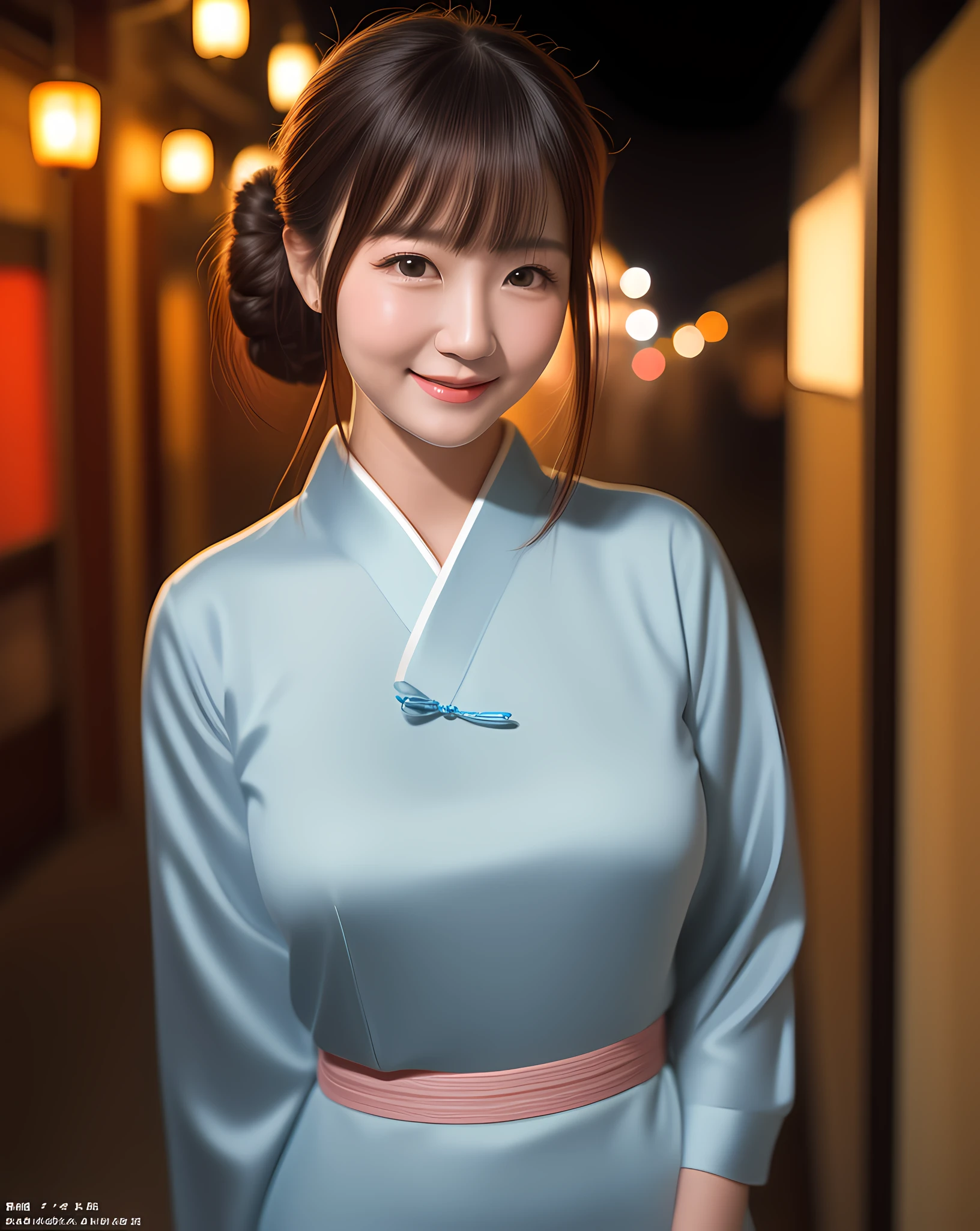 (8k, RAW photo, best quality, masterpiece:1.2), (realistic, photo-realistic:1.37), anime style, 1girl, simple chinese-town background, night, night time, professional lighting, photon mapping, radiosity, Japanese Doll, Korean idol face, bangs, pretty face, medium-large breasts, red chinese clothes, single-bun hair style:1.3, detailed hair style, no human background, cowboy shot, arms behind back, cute smile, happy,