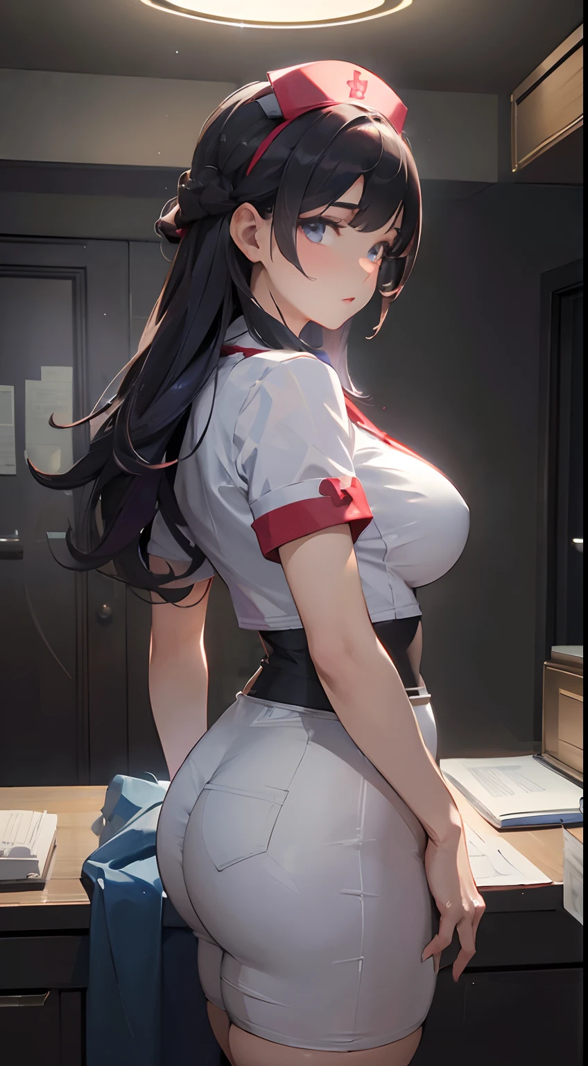 ((masterpiece,Best quality)),Beautiful quality,looking at viewert,Detailed lighting,Extremely detailed skin,Extremely detailed hair,Extremely detailed,shadowing,8K:1.2)thicc nurse:1.1, tight clothes, extremely detailed eyes,