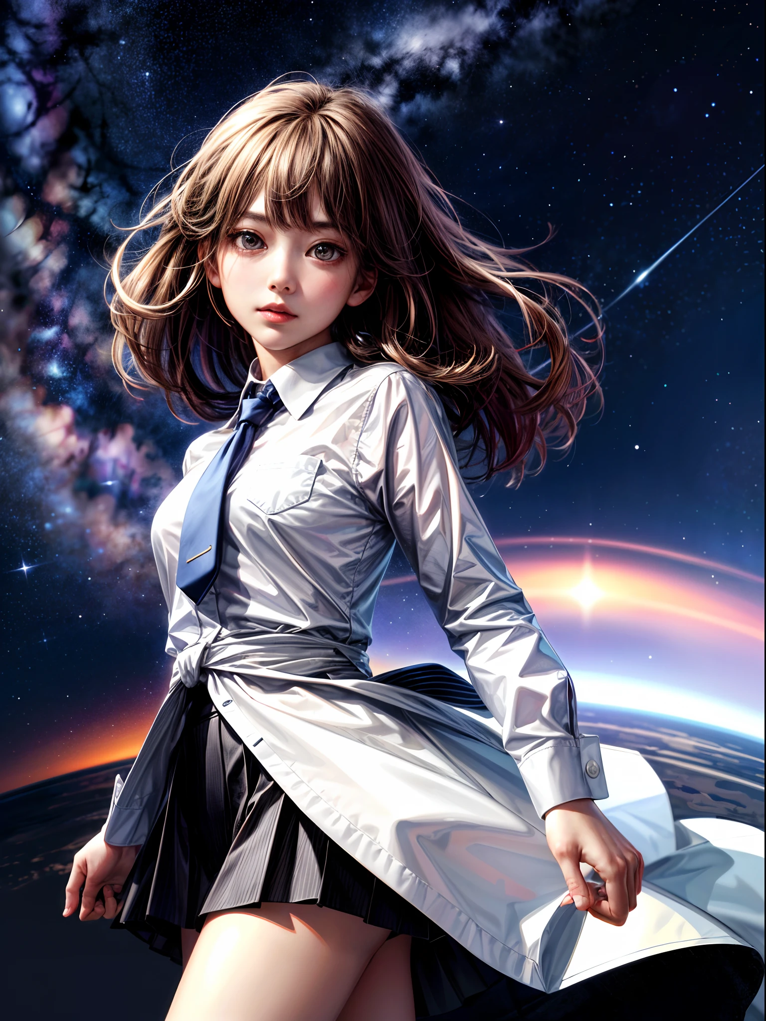 (1girl), solo, long_hair, wearing(whiteshirt), photo(close-up-shot), from_front-below, portrait, pov, blurry_background, background(night, sky-horizon, space, galaxy, star), (photorealistic, absurdres, best_quality:1.55),
