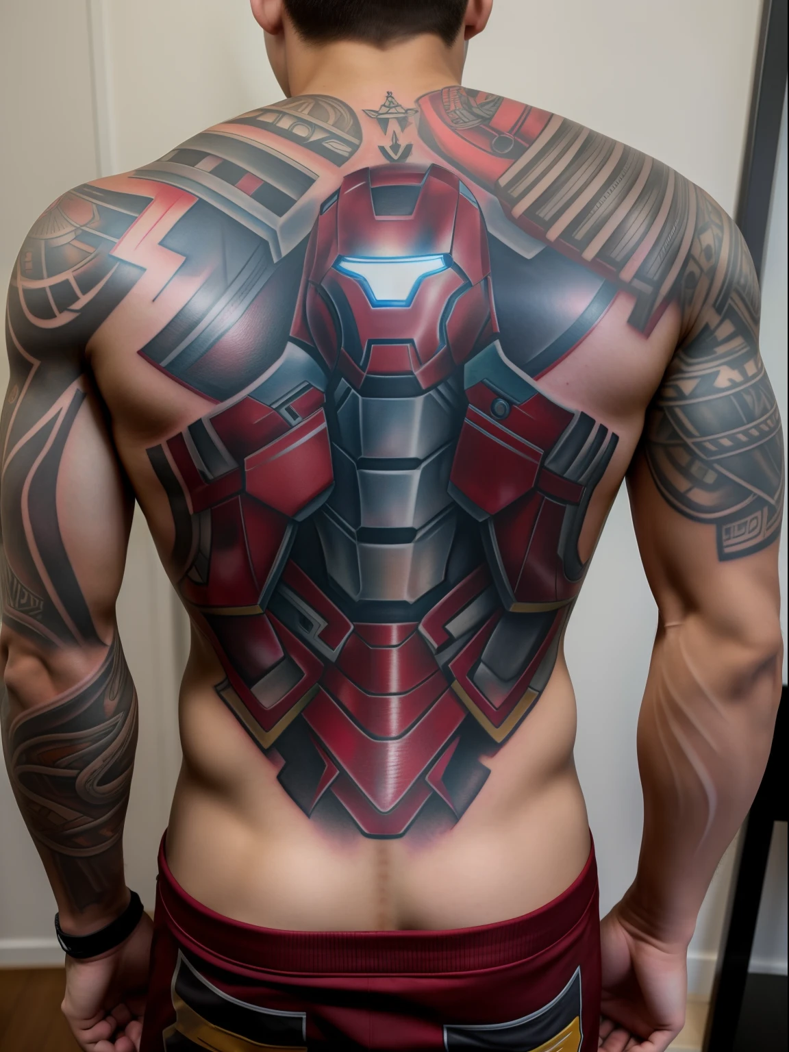 man, topless, muscular, iron man tattoo on his back