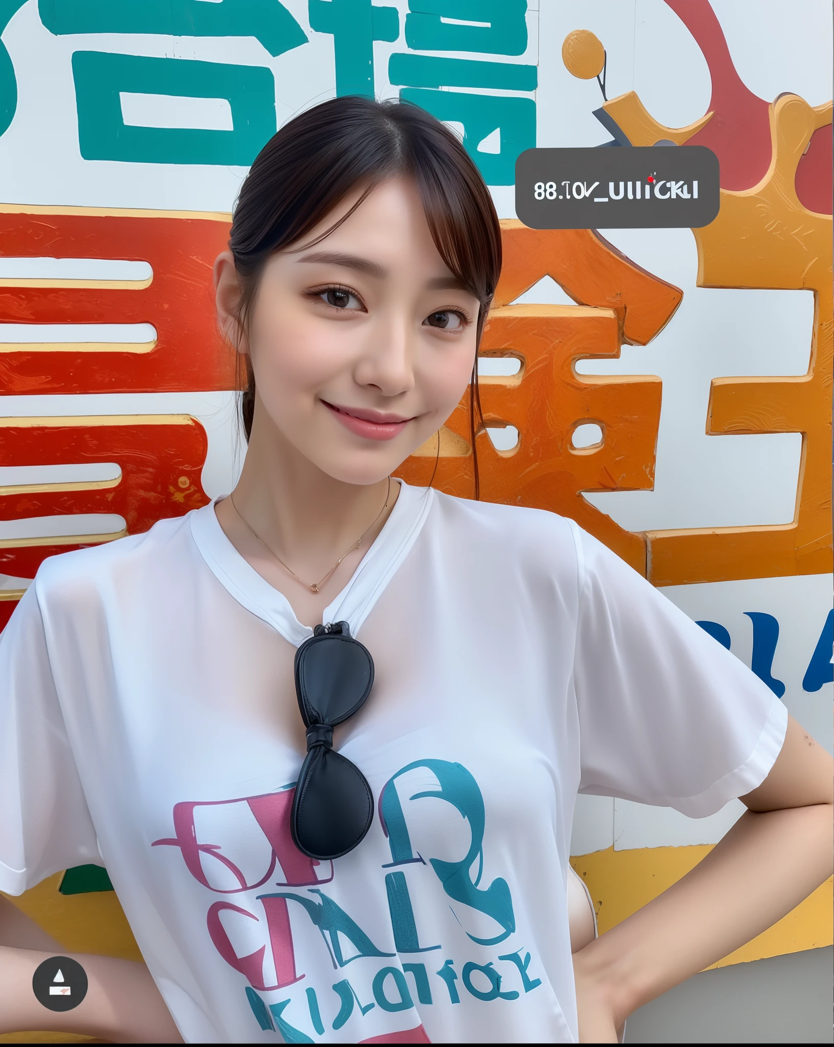 ((Best quality, 8k, Masterpiece :1.3)), 1girl, beautiful woman with emphasis on slim abs: 1.3, (casual hairstyle, big breasts: 1.2), casual wear: 1.2, interior, ultra-detailed face, delicate eyes, double eyelids, soft breasts, smile, exposed cleavage