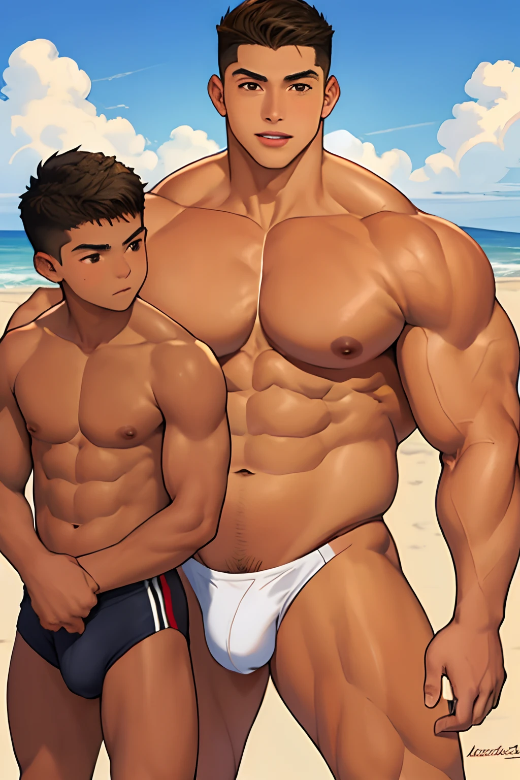 A two (2boys) teens nakeds in the beach of ************ (Mexican ethnicity) tan skin massive muscular bodybuilder with extraordinary biceps pectorals triceps traps, plump, Gigachad, naked