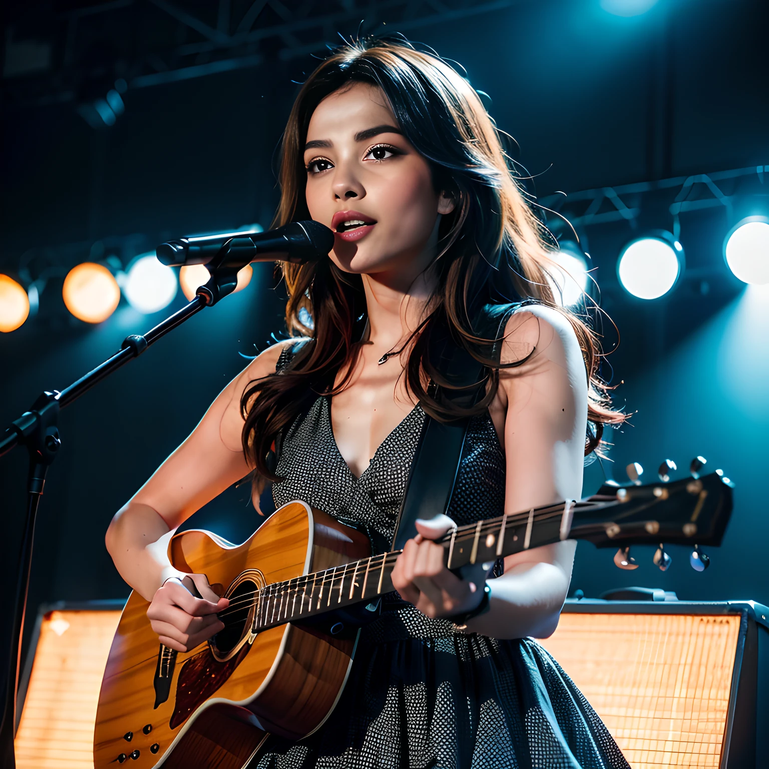 una mujer hermosa (Famosa estrella del pop) De pie en un escenario tocando una guitarra en un concierto pop, Instagram Influencer, Caliente en CANON R5, 85 mm docking station, photo session, Profundidad de campo, Incredibly intricately detailed, Hiper maximalista, elegante, hiperrealista , Super detailed, dynamic  pose, centrado, Cinematographer, Daylight, dynamic, Altamente detallado, foco nítido