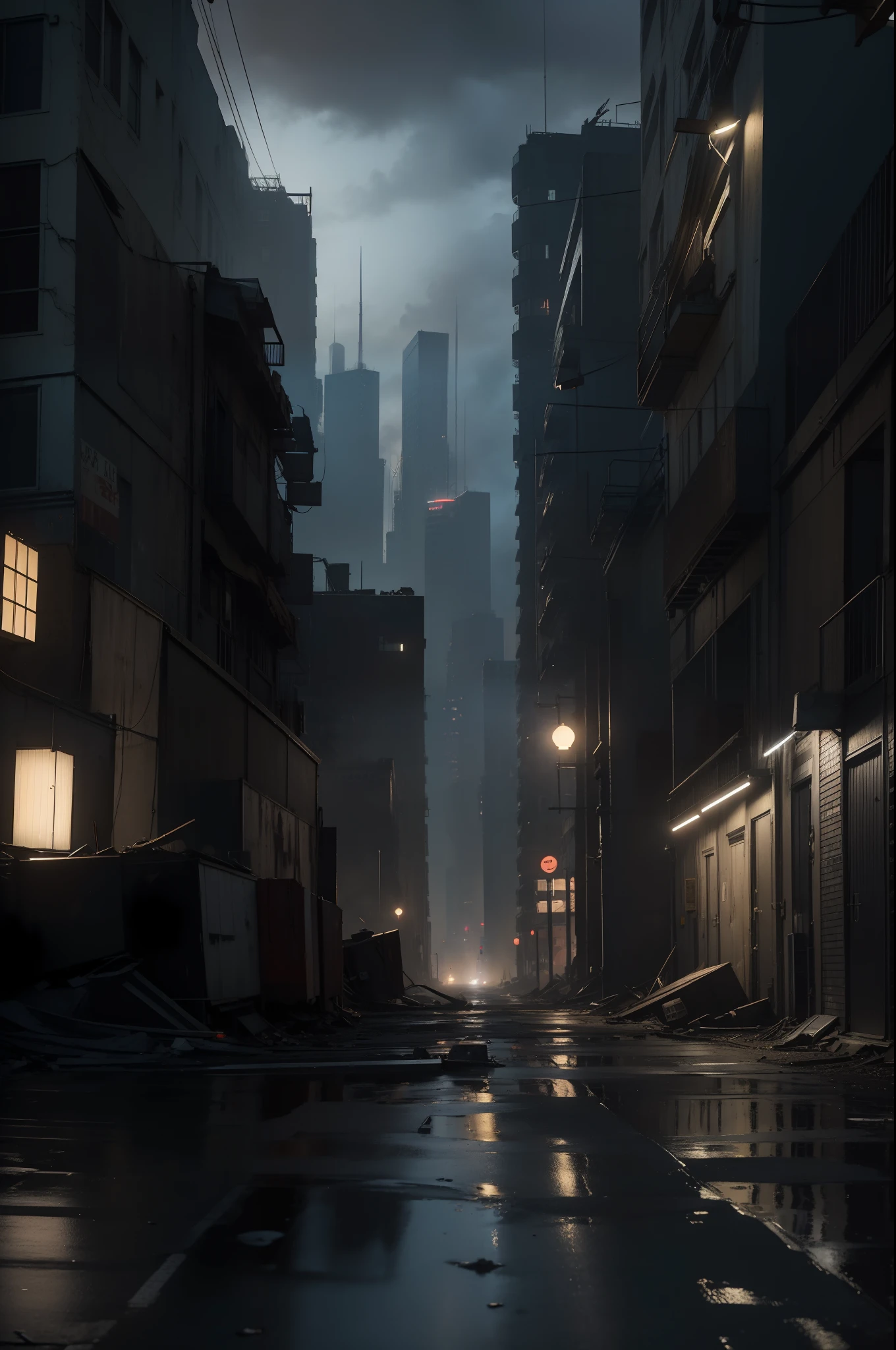 a city street filled with lots of tall buildings, a matte painting, inspired by Simon Stålenhag, pexels contest winner, hyperrealism, abandoned town, unreal engine. film still, location [ chicago ( alley ) ], dusty street, crewdson, cinestill 800t 10mm 4k, at a deserted city, damaged city