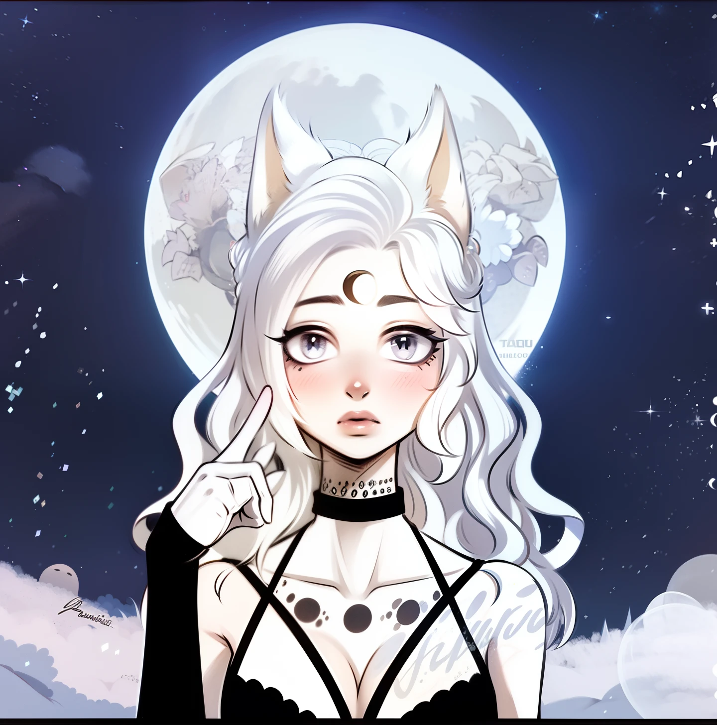 (Anthropomorphic wolf cute cub) orelhas de lobo,com jaqueta preta, olhos rosa e branco , heterocromia nos olhos ,cabelo platinado cacheados com pontas roxas,bad girl, Moon birthmark on forehead 🌕🌙, Hibrido,jovem, retrato, busto, postura de frente para a camera, Cartoon, vestido como  uma vesater roqueira metaleira dos anos 80 obra prima, postura de confiante, youtuber, fleshy lips , piercings no nariz e nas orelhas de lobo, tatuagens pelo corpo, tattoo de lua 🌙 acima dos seios,asas de anjo negro nas costas, and dark purple necklace on neck, Hand with drag glove
