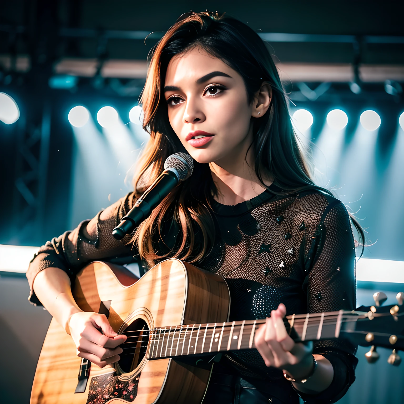 una mujer hermosa (Famosa estrella del pop) De pie en un escenario tocando una guitarra en un concierto pop, Instagram Influencer, Caliente en CANON R5, 85 mm docking station, photo session, Profundidad de campo, Incredibly intricately detailed, Hiper maximalista, elegante, hiperrealista , Super detailed, dynamic  pose, centrado, Cinematographer, Daylight, dynamic, Altamente detallado, foco nítido