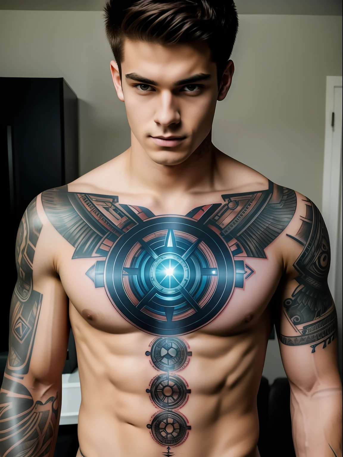  man, topless, muscular,  arc reactor tattoo on his chest