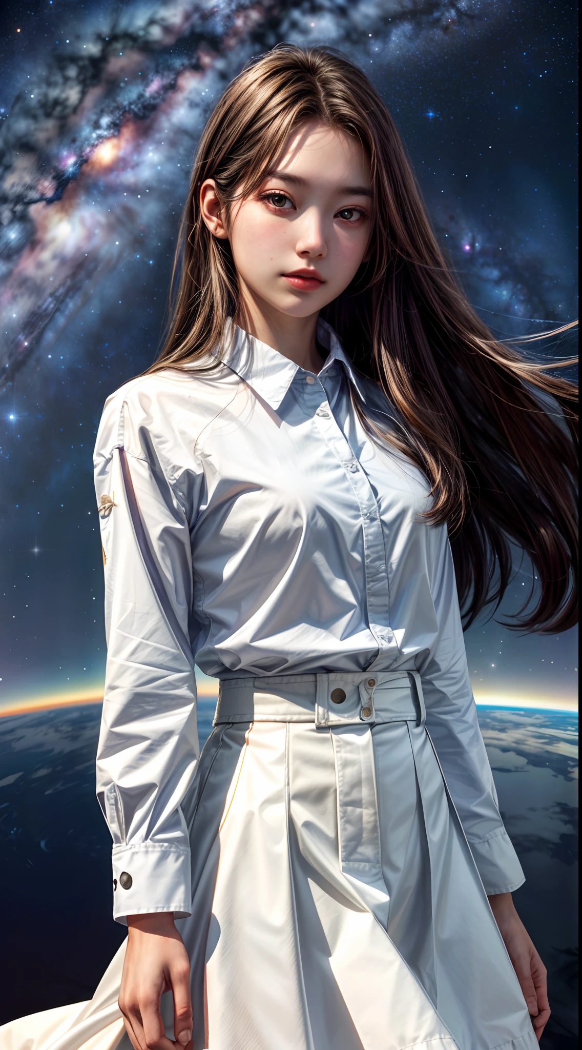(1girl), solo, long_hair, wearing(whiteshirt), photo(close-up-shot), from_front-below, portrait, pov, blurry_background, background(night, sky-horizon, space, galaxy, star), (photorealistic, absurdres, best_quality:1.55),