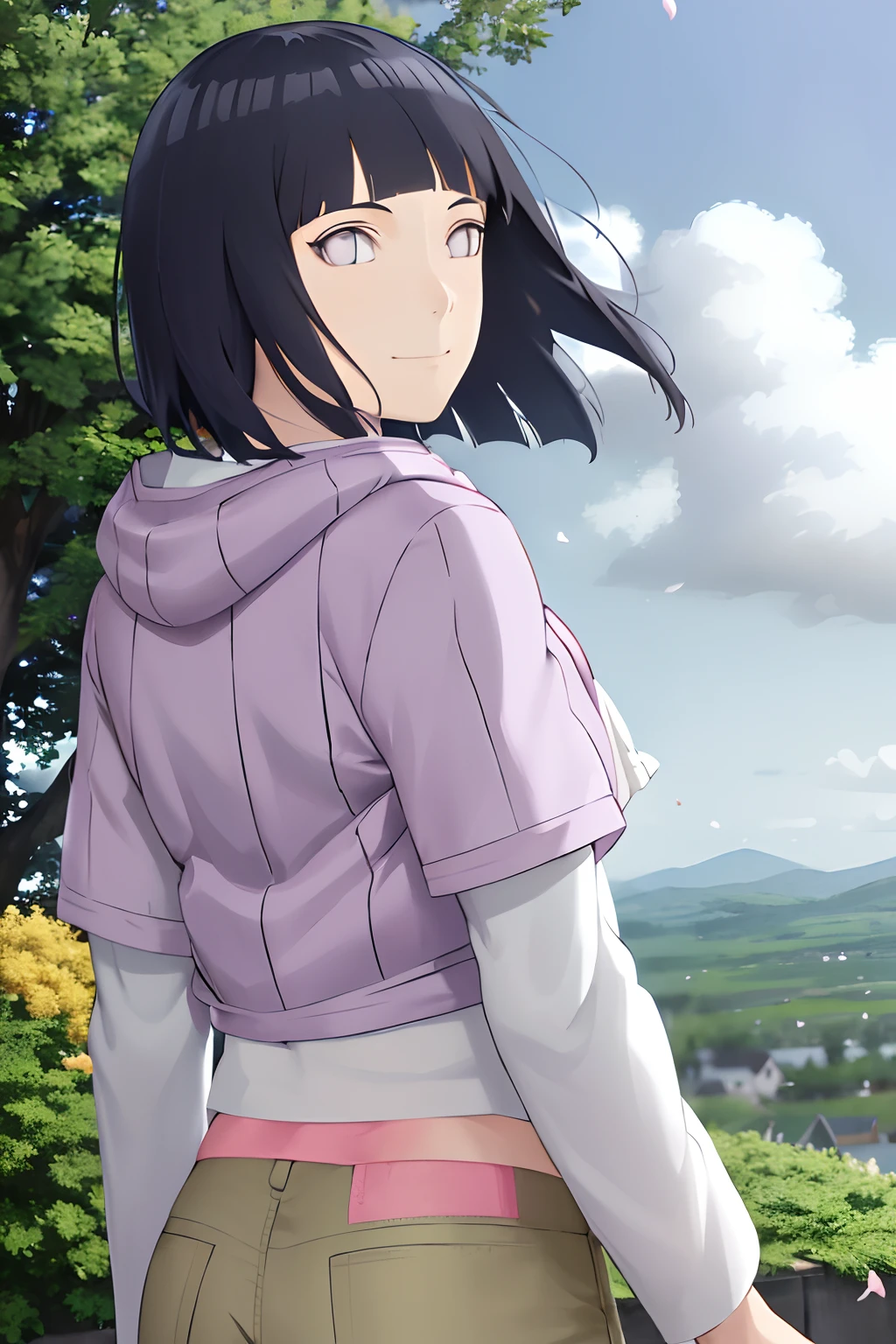 masterpiece, absurdres , (intricate details), (colorful),cinematic lighting,extremely detailed CG unity 8k wallpaper ,hinata\(boruto\), 1girl, solo, purple hoodie ,brown pants,  from behind,layered sleeves, cowboy shot,  looking back, looking at viewer,smile, outdoors, lavender flower field,flower, day, cloudy sky, wind, floating hair, falling petals