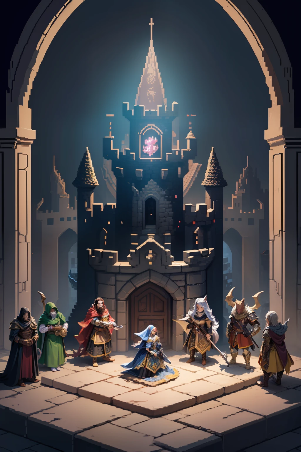 grupo de rpg, herois, pixel art, cenario castelo, dragao, torcha, Dnd,