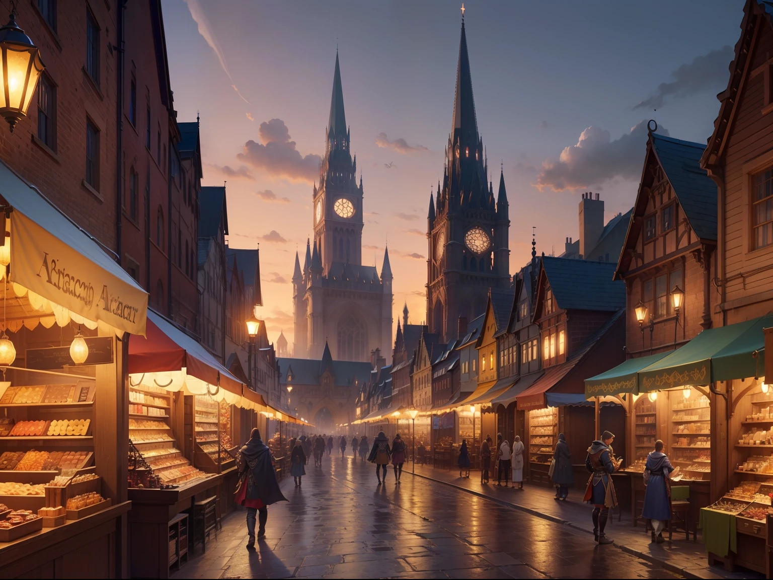1scene, Arcanum Haven cityscape. Towering spires shimmering with magic. Cobblestone streets winding, market stalls selling enchanted trinkets. Arcane academies with intricate symbols. Grand Library in distance, repository of knowledge. Air alive with spell whispers, diverse people carrying stories. (masterpiece:1.2), (best quality:1.3).