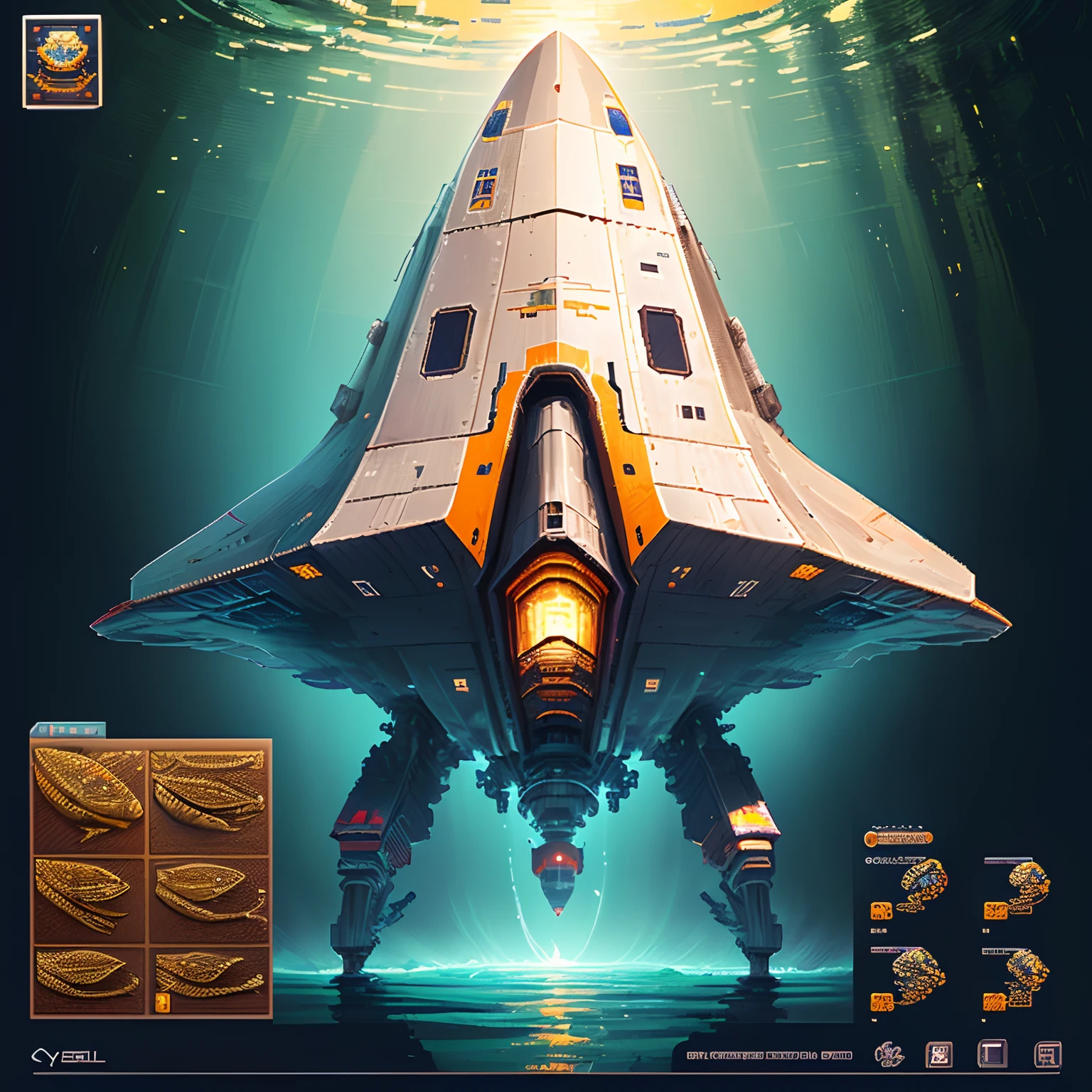Nave espacial, pixel art, spritesheet, peixe moreia, cyber biologica,