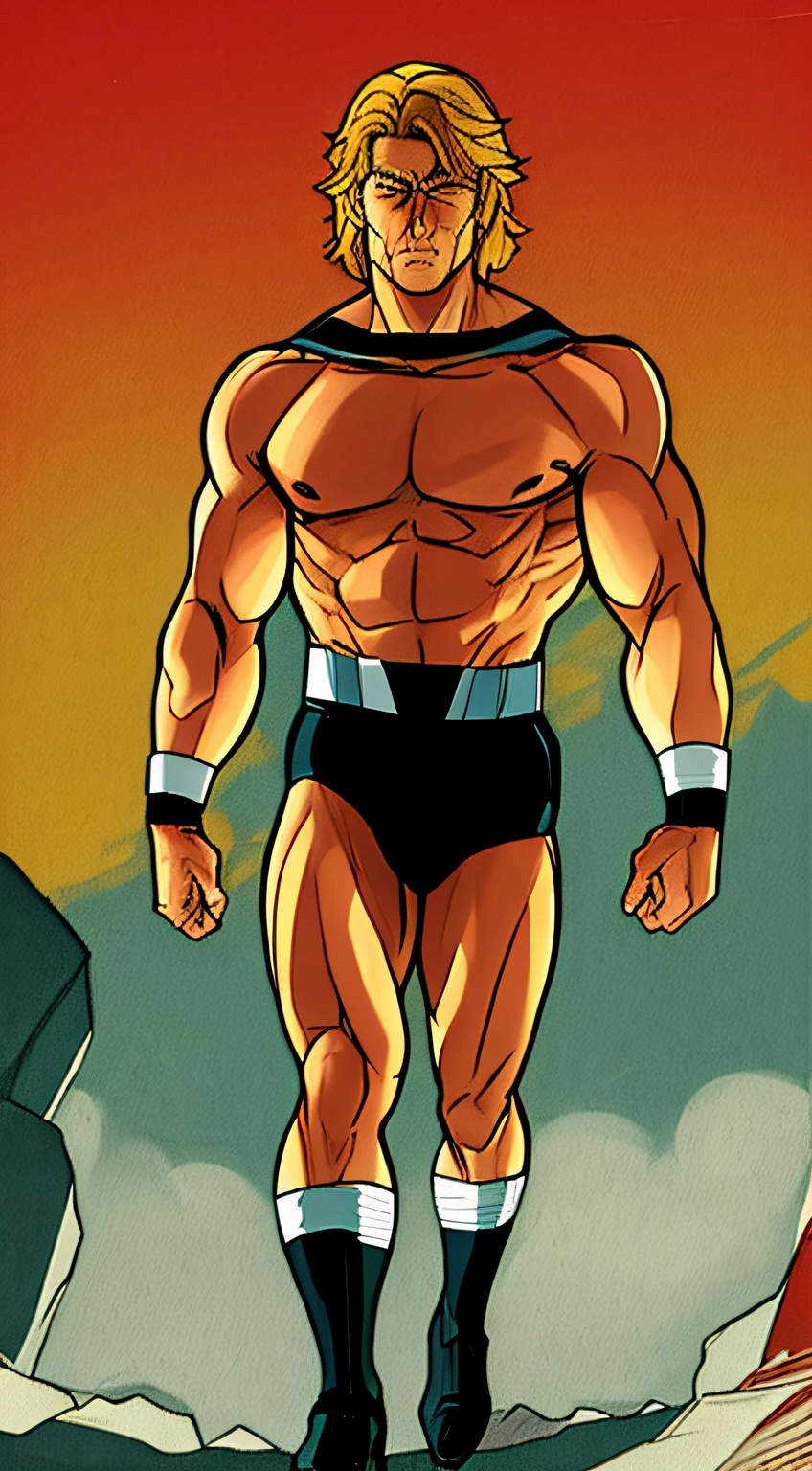 um desenho animado de um homem com um cabelo amarelo e uma camisa azul, homem buff, muscular character, Colorido digitalmente, corpo laranja, personagem de quadrinhos, Walter White como um fisiculturista, inspirado em Wally Wood, musculoso!! scientific fiction, corpo laranja peludo, bodybuilder superhero bikini, superhero body,  inspirado em Bruce Timm, Como um atlante ,heroic proportions figure, conceito de corpo inteiro, linearidade espessa, corpo completo do personagem, inspirado por Brian Hitch corpo detalhado completo, corpo detalhado (((arte - final estilo Paul Neary)))