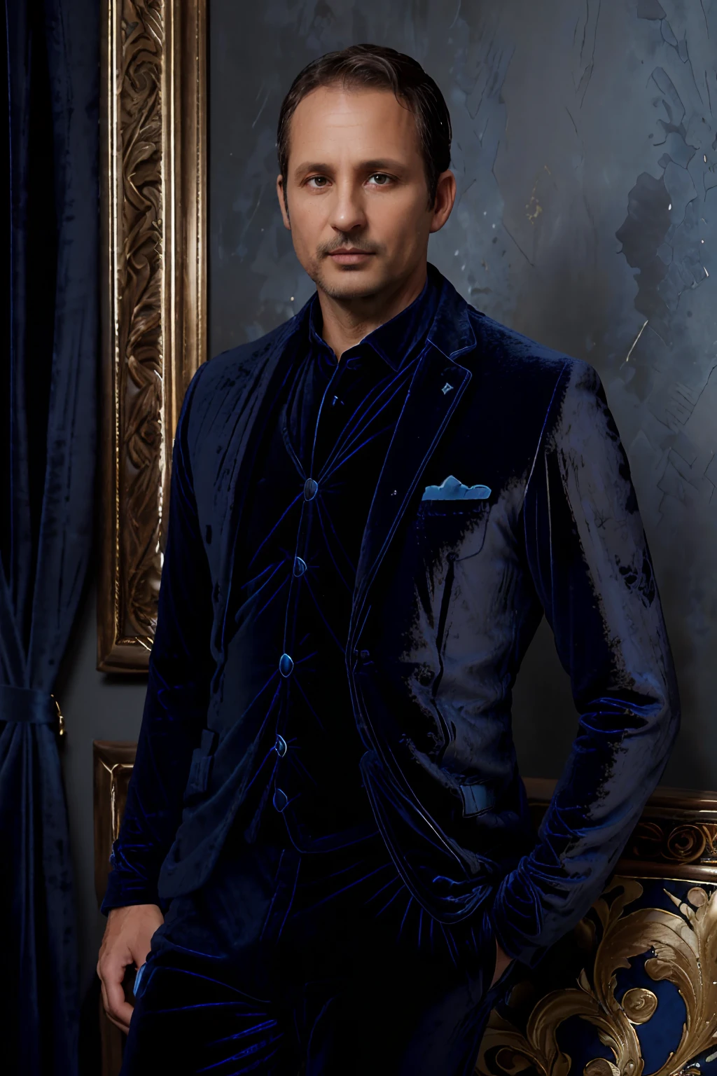 Portrait photo of a handsom man, (((45 years old:1.5))), short brown hair, (((bleu velvet suit:1.3))), ((black shirt:1.4)), (((no beard:1.3))), Dark blue backgroud.