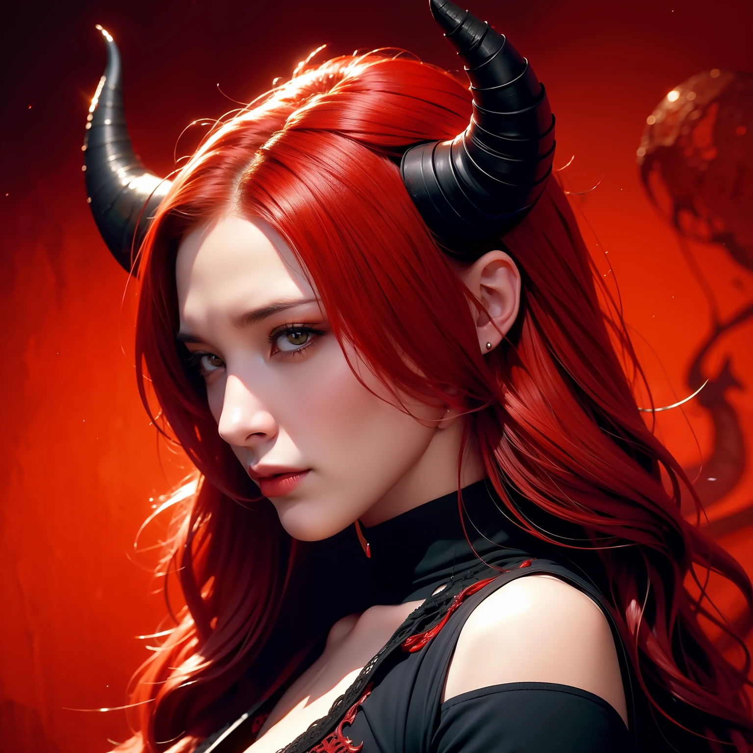 Dragon Woman, black horns, red hair, medieval background, orange eyes, pair of black horns, one woman, horns