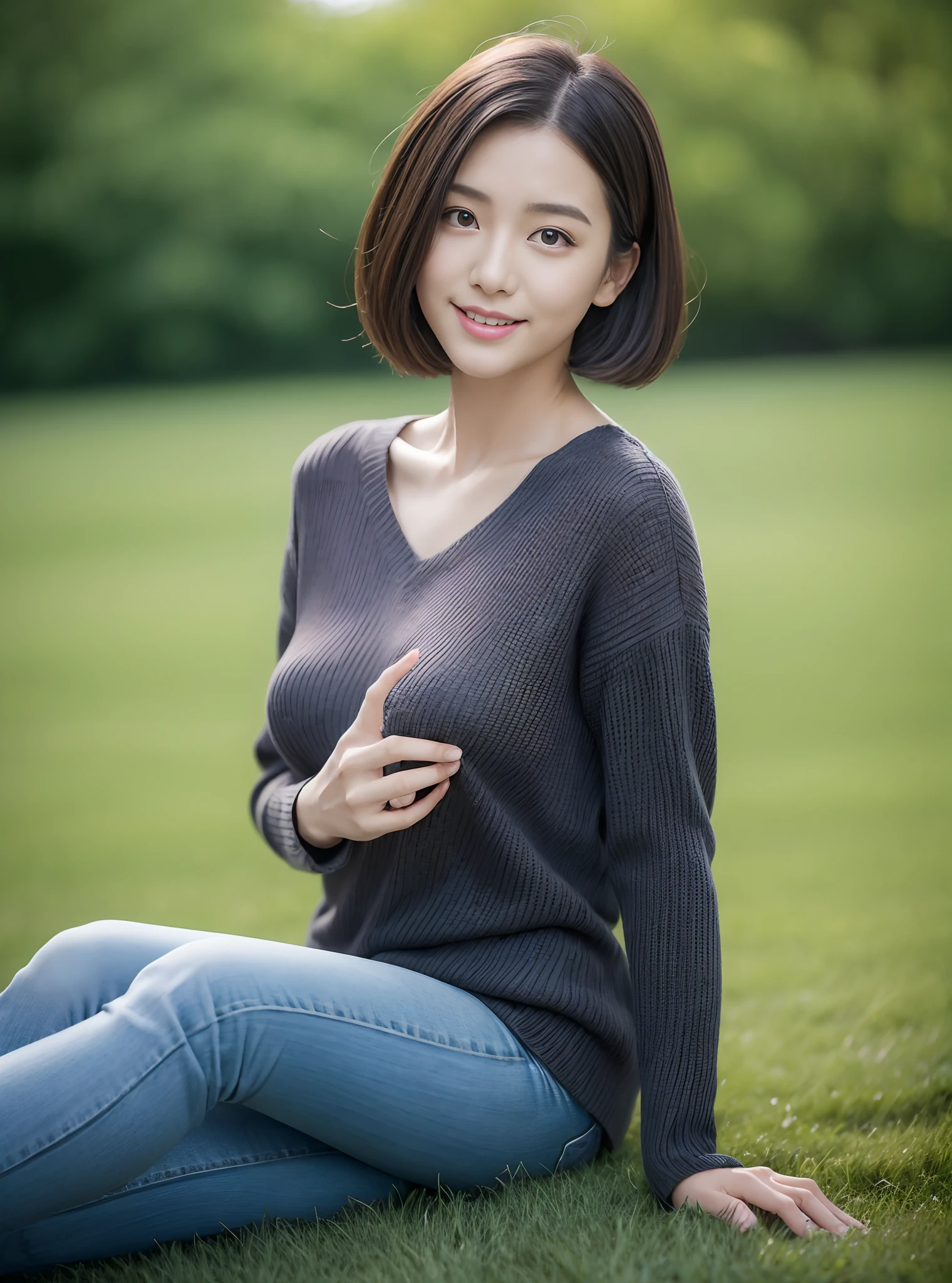 (rain, grassy fields: 1.3), 1 beautiful woman taking pictures on the grass,RAW photos,tmasterpiece,(highdetailskin:1.2),8k ultra high definition,digital SLR camera,gentlesoftlighting,high high quality,filmgrain,富士XT3,20 years old Asian woman,Dark gray skinny sweater(Slim,Fit snugly to the body,Show beautiful curves)and trendy jeans with open navels,Detailed clothing details:1.5,perfect body figure,Perfect breasts and nipple bulge,The calves are straight and slender,((Branded fashion travel shoes:1.5)),Melon seed face,short detailed hair,Super detailed facial details and skin,Fair face and fair skin,二重まぶた,Super detailed eyes,A sweet smile,Beautiful accessories,(Gloss on lips, eyeslashes, Glossy face, Best quality, Super high resolution, warm color,Wide lighting, naturalshadow), Sit on the grass and play,Pose coquettishly,Show off your sexy figure, Full body shooting: 1.8